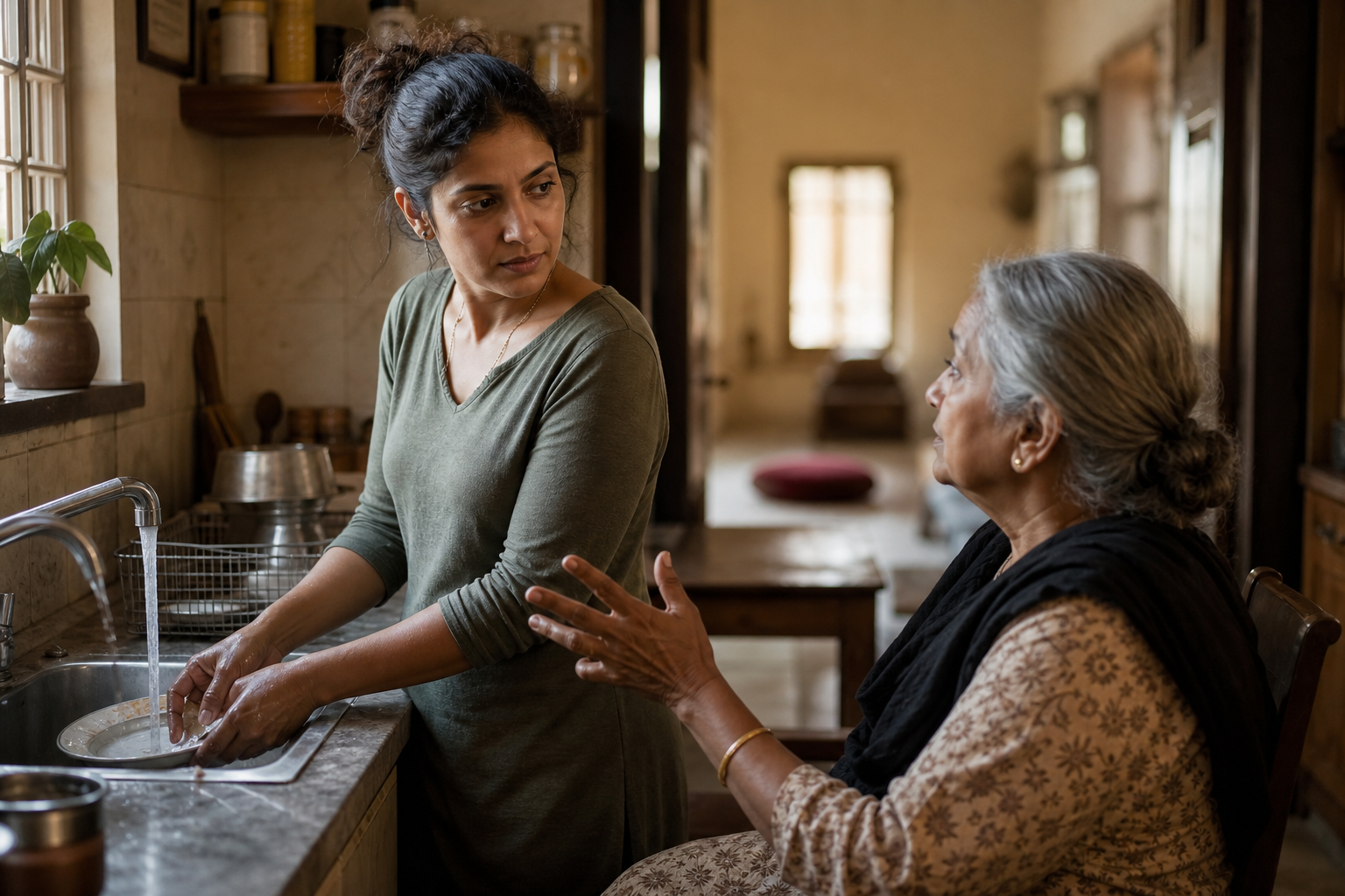 An adult washes dishes while attentively listening to an older family member in a modest kitchen, with a meditation cushion blurred in the background.