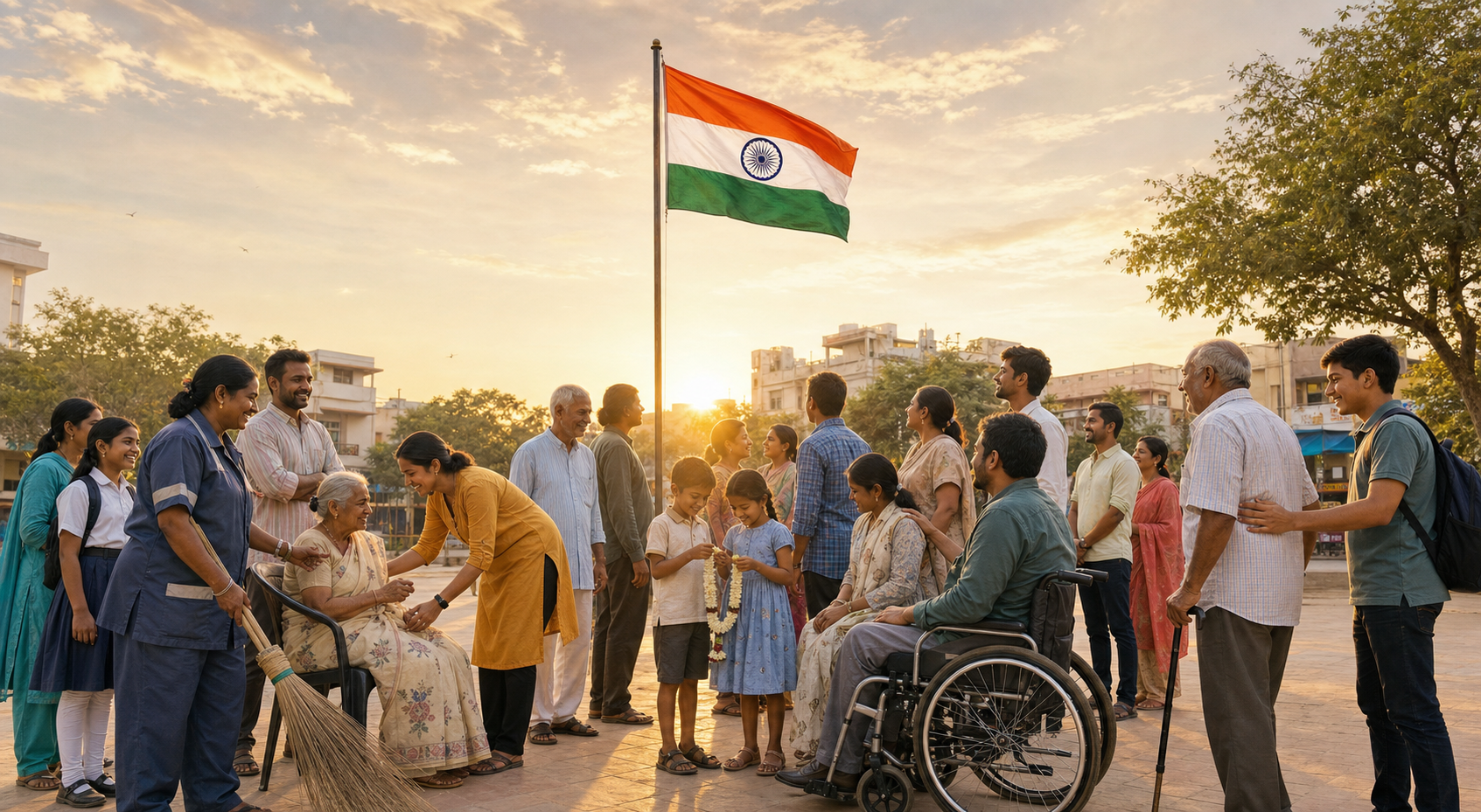 A diverse group of residents gathers voluntarily around the Indian tricolor in an open public square while neighbors welcome and assist one another.