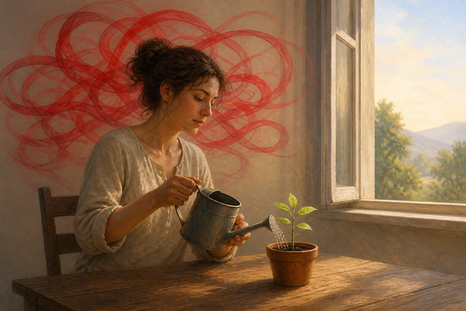 An adult waters a small seedling at a desk while a tangled red ribbon of light circles behind their head.