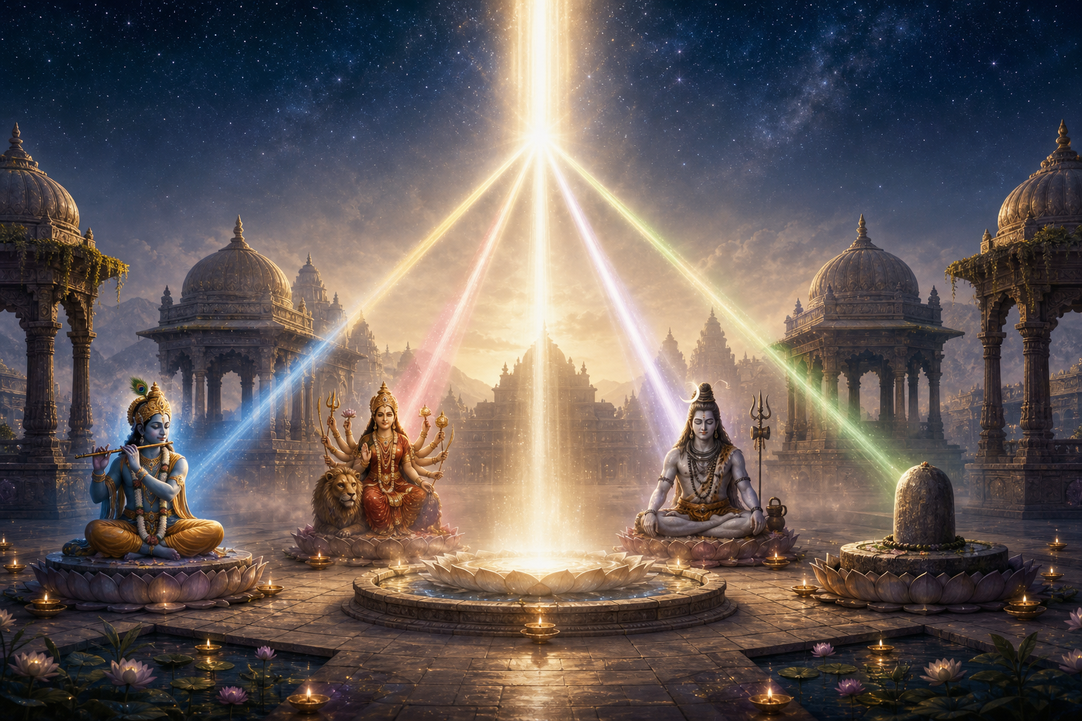 Several distinct Dharmic sacred forms surround a lotus courtyard as streams of light descend from one radiant source in a star-filled sky.