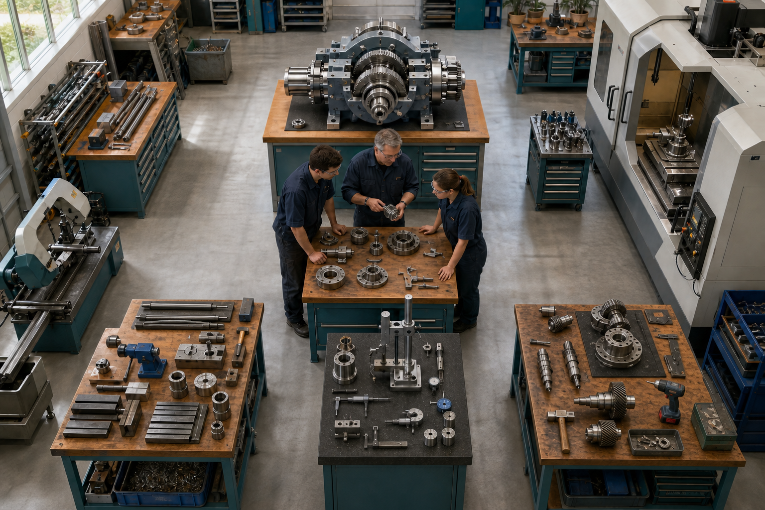 An overhead view shows learners moving through measuring, machine setup, safety, quality inspection, and assembly stations toward a completed mechanical product.