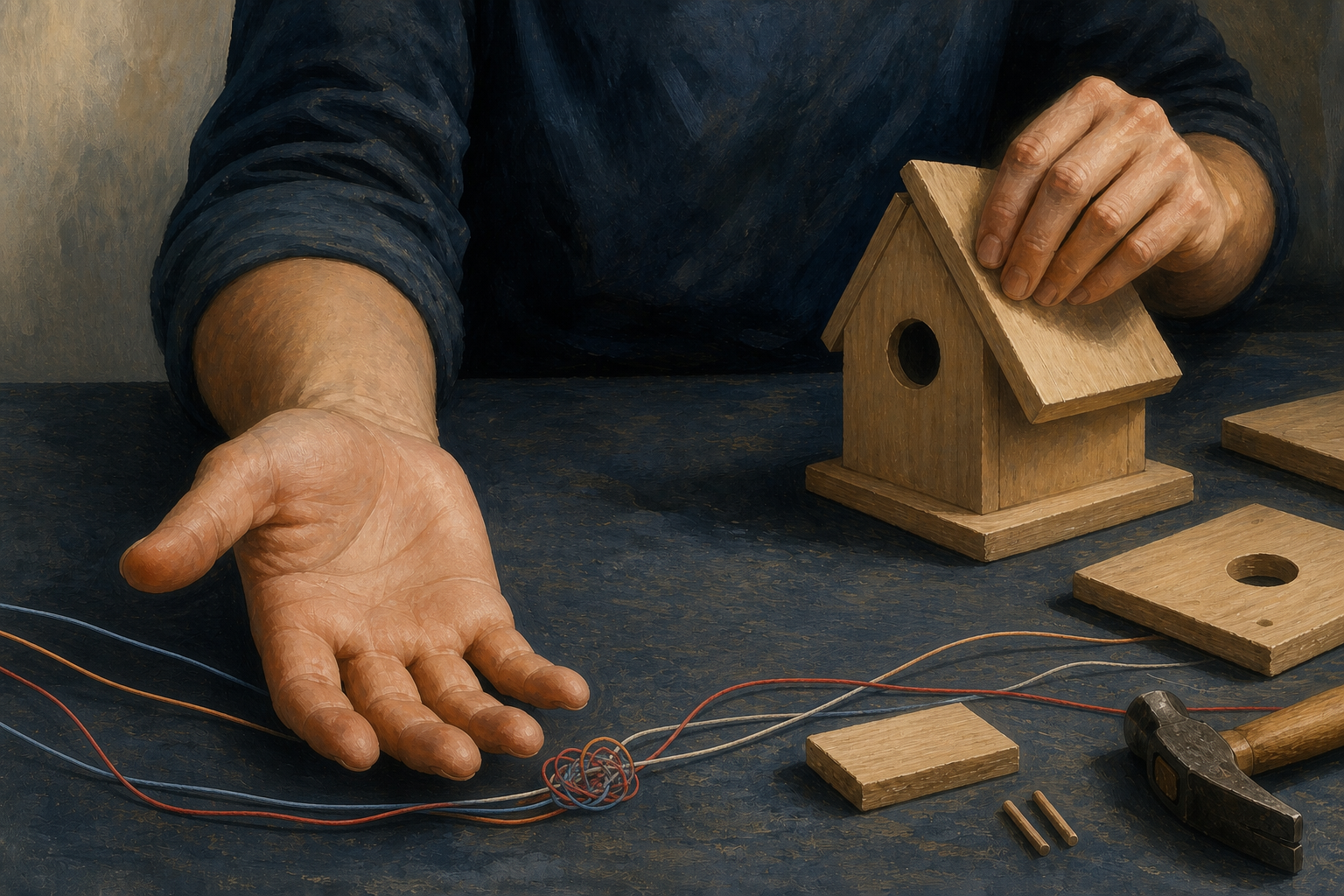One hand rests open beside looping threads while the other continues assembling a small wooden birdhouse.
