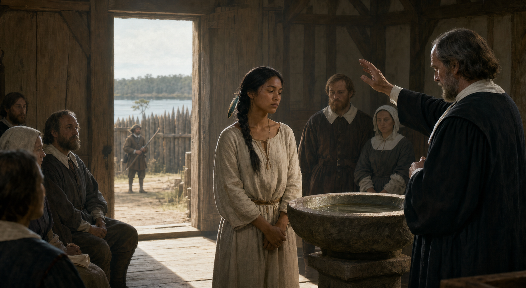 A young Powhatan woman stands beside a baptismal basin in a timber church as a minister and English colonists observe, with a palisade and sentry visible through the doorway.