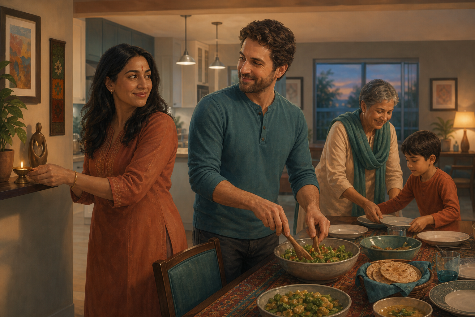An interfaith couple and two relatives prepare a family meal beside a brass diya and a small devotional object in a warm home.