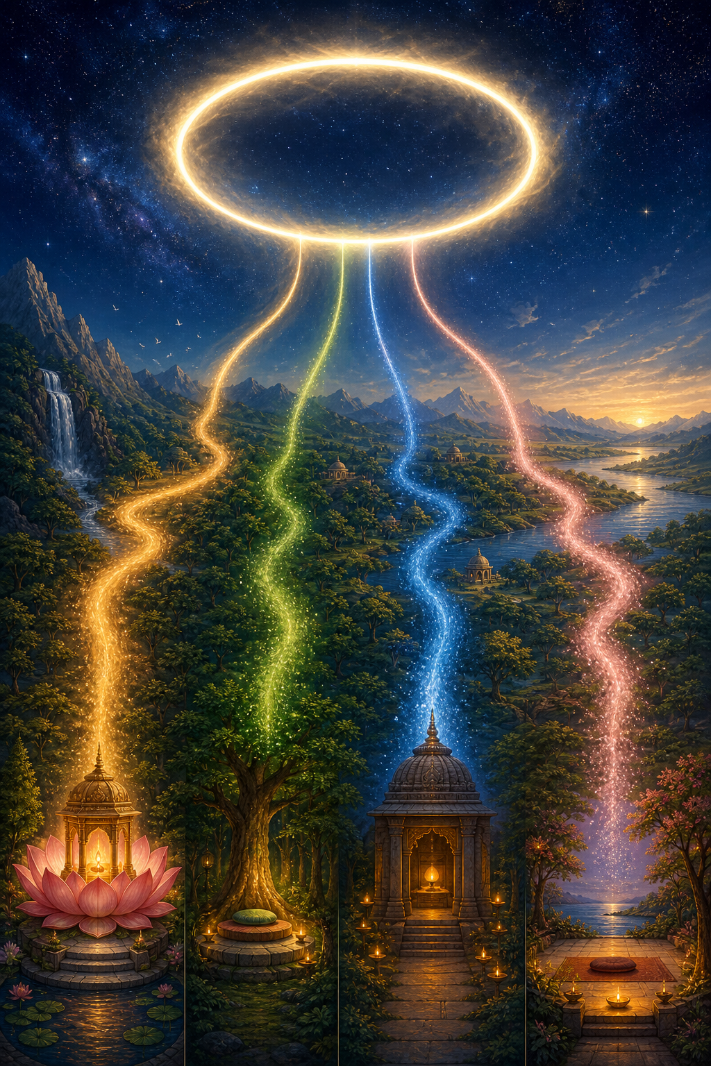 A ring of light, several colored paths, and distinct sacred spaces form three connected layers in a symbolic landscape.