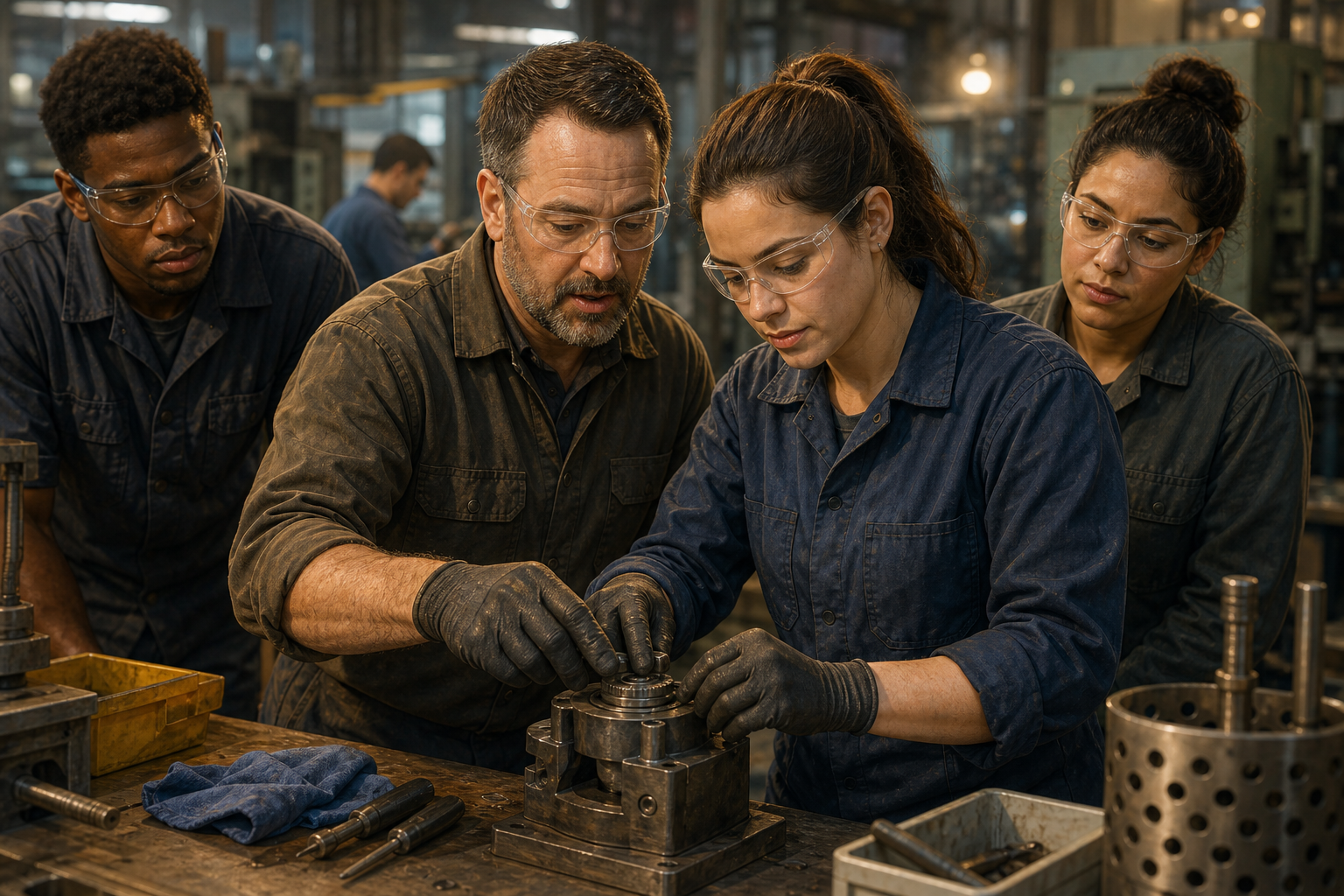A frontline manager demonstrates a production task to a new employee while two coworkers observe beside an organized training station.