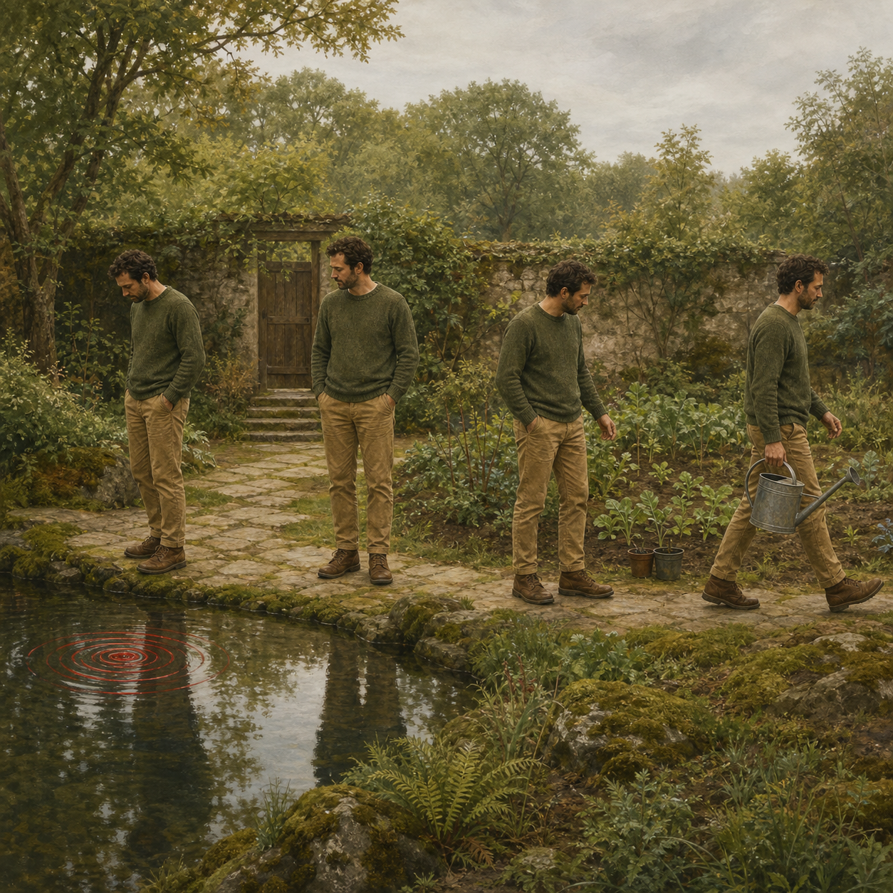 Four successive views show an adult noticing a red ripple in a garden pool, grounding, turning toward a watering can, and continuing along the path.