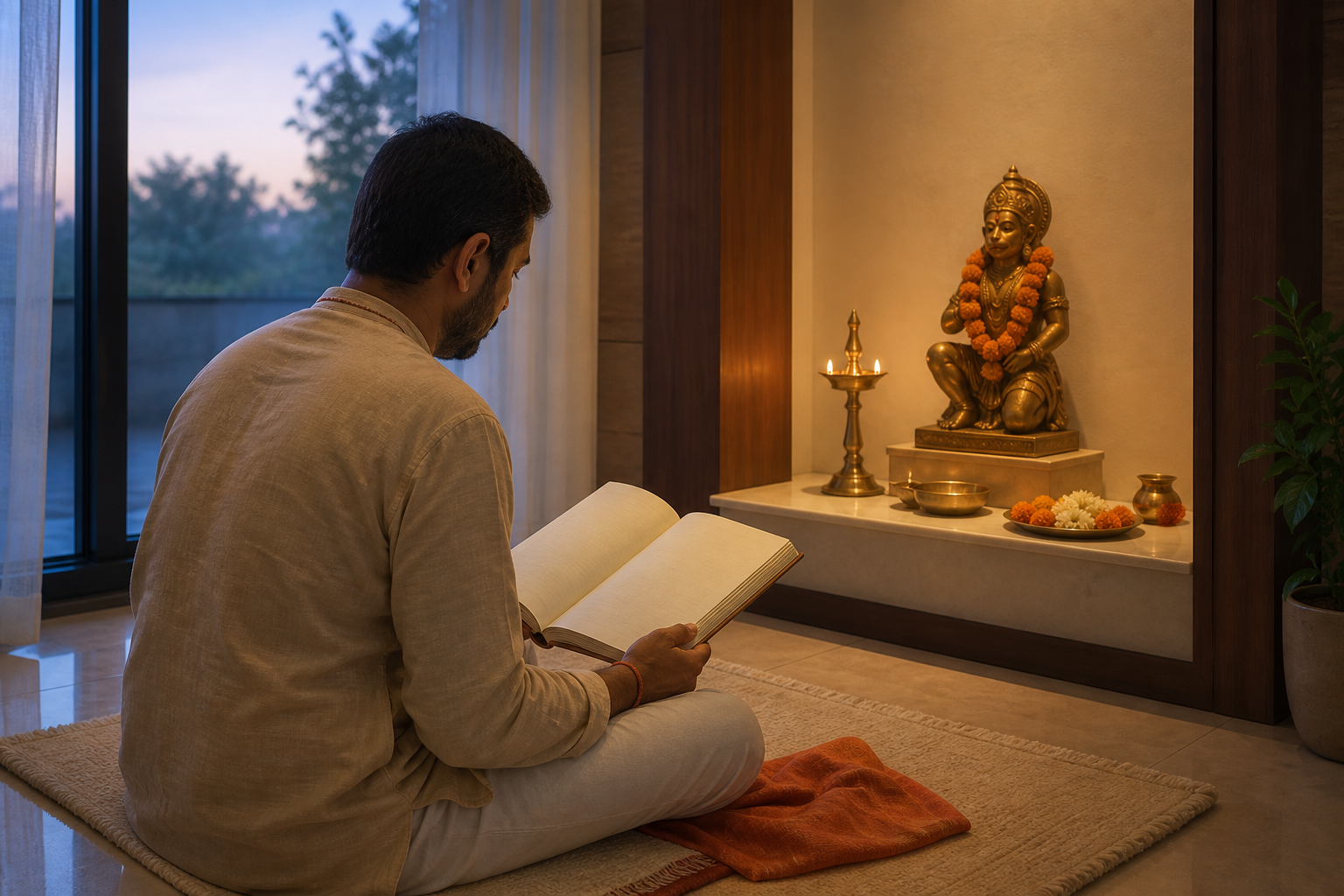 A devotee reads from an open scripture beside a brass lamp and a small Hanuman shrine in a quiet home at dawn.