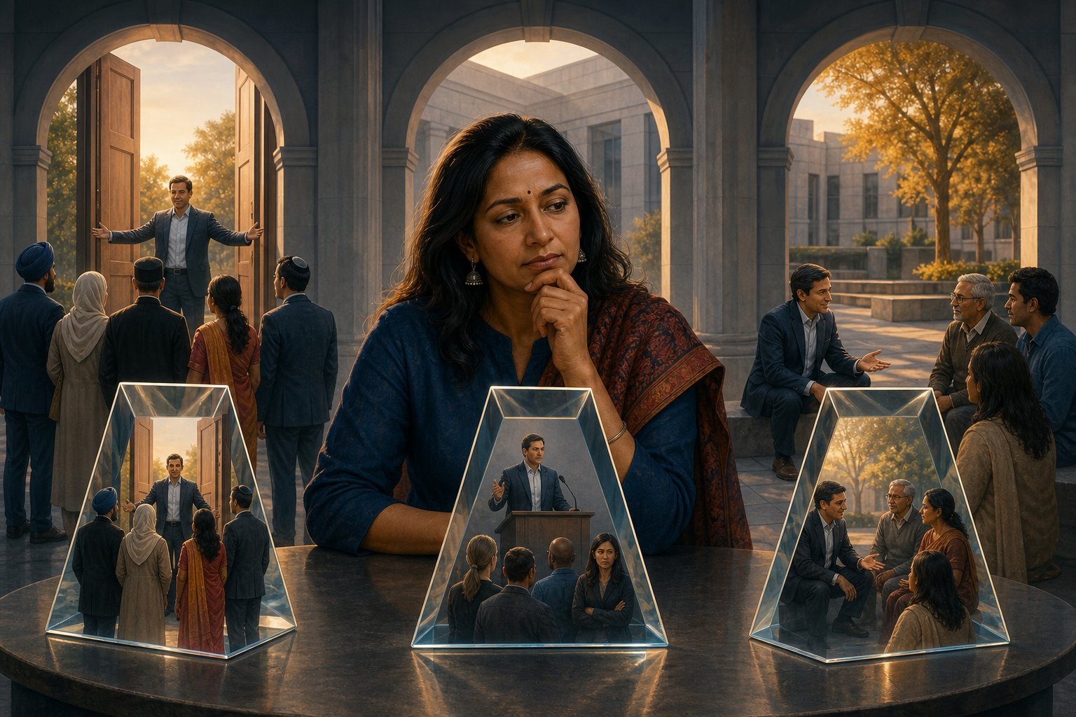 A community advocate looks through three glass prisms toward scenes of an official making policy, speaking publicly, and returning to listen.