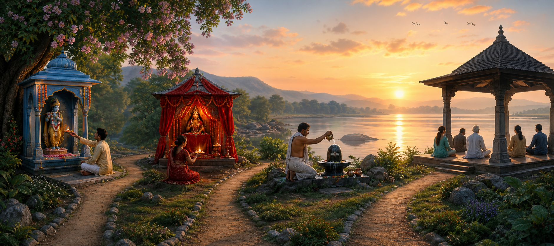 Devotees follow separate paths to Krishna, Devi, Shiva, and formless meditation settings beside a river at sunrise.