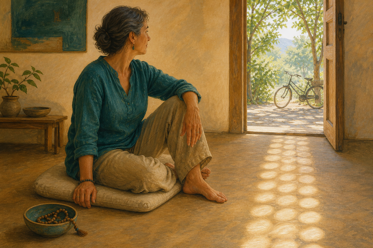 An adult sits on a plain cushion near loosely placed prayer beads, facing an open doorway to trees and a bicycle.