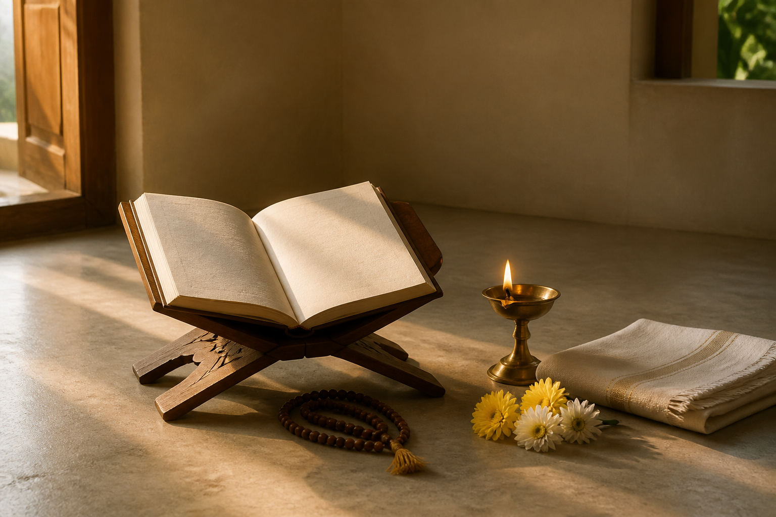 An open scripture, prayer beads, flowers, folded cloth, and a lit brass lamp are arranged for a simple daily home practice.