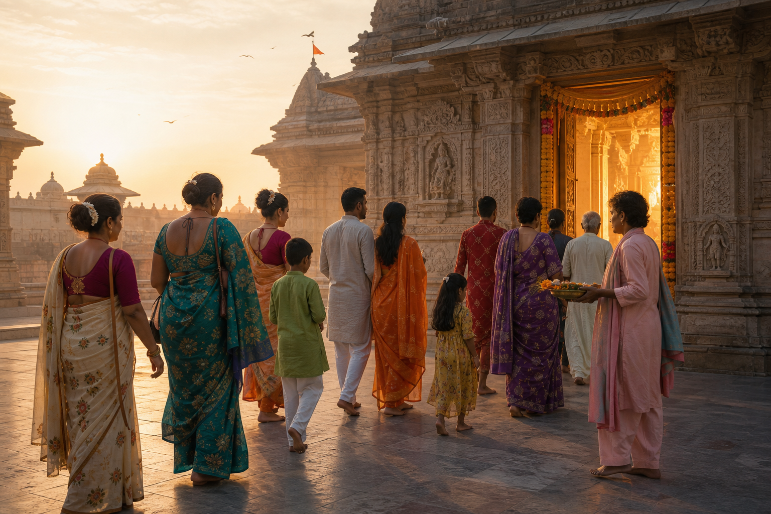 Couples, families, and gender-diverse devotees approach the Bahuchara Mata temple together at dawn with simple offerings.