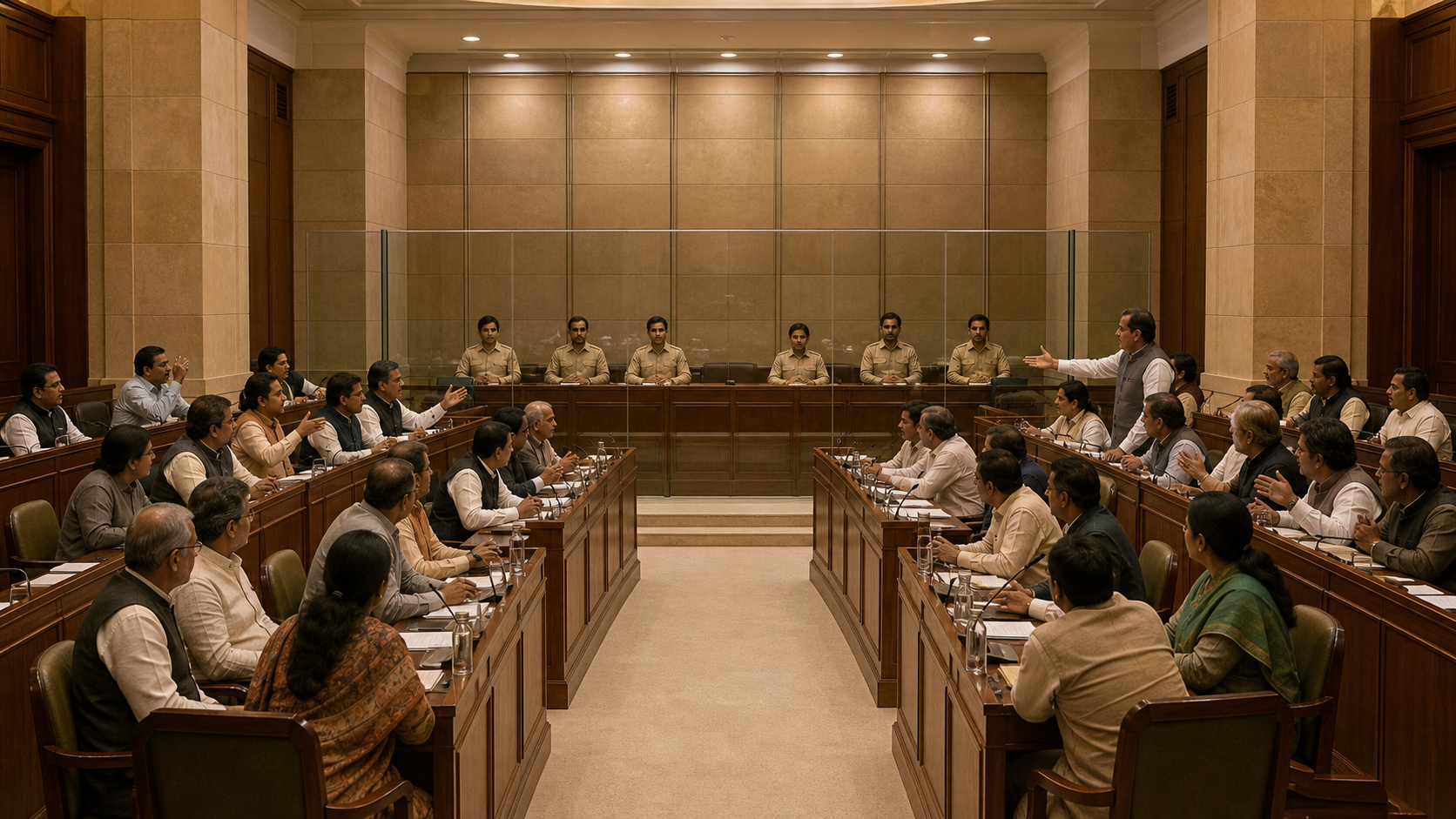 Two groups of anonymous lawmakers face each other across a committee room while uniformed officers sit neutrally behind a glass partition.