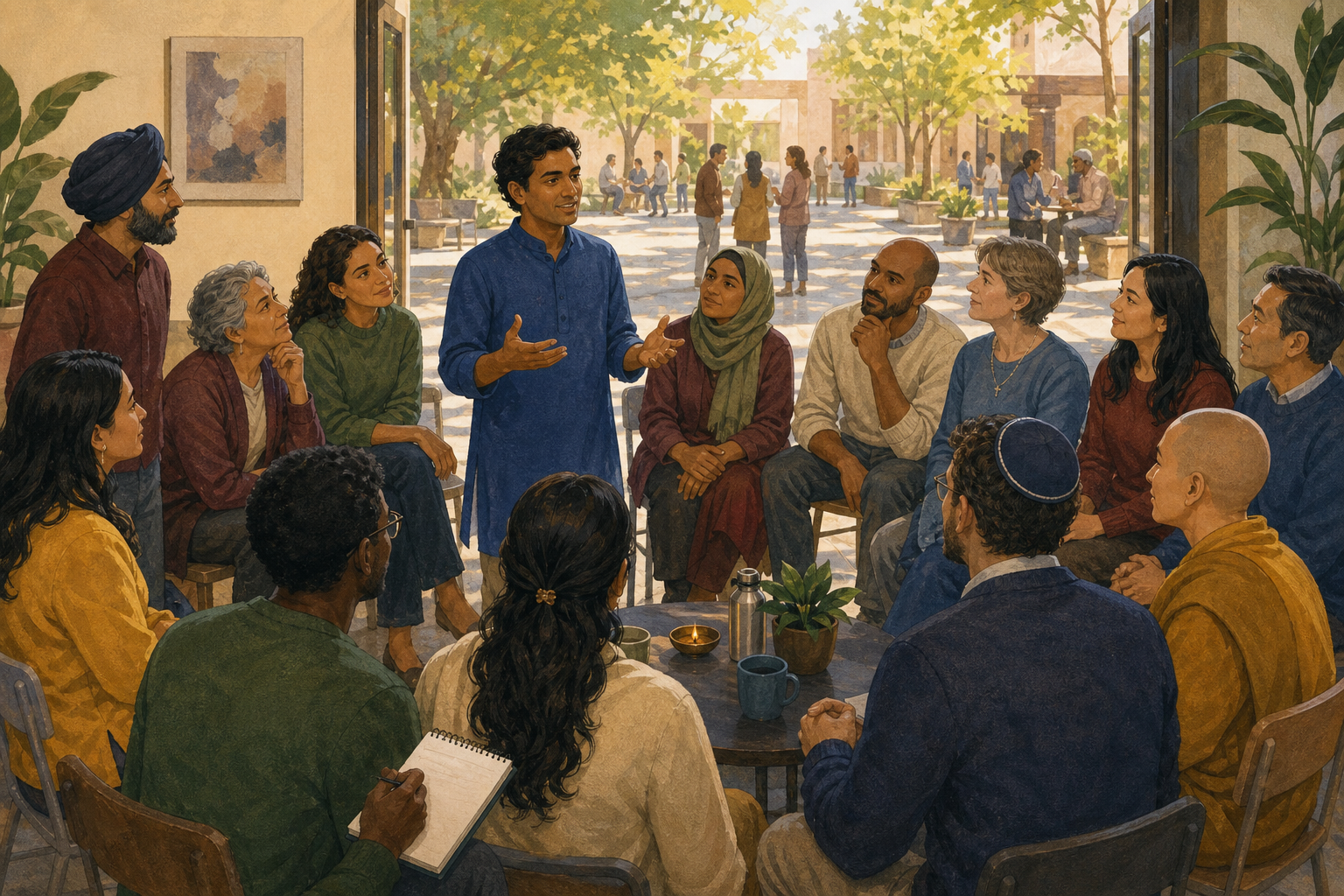 A Hindu American speaker addresses a diverse semicircle of neighbors at an open civic forum with a brass diya on a communal table.