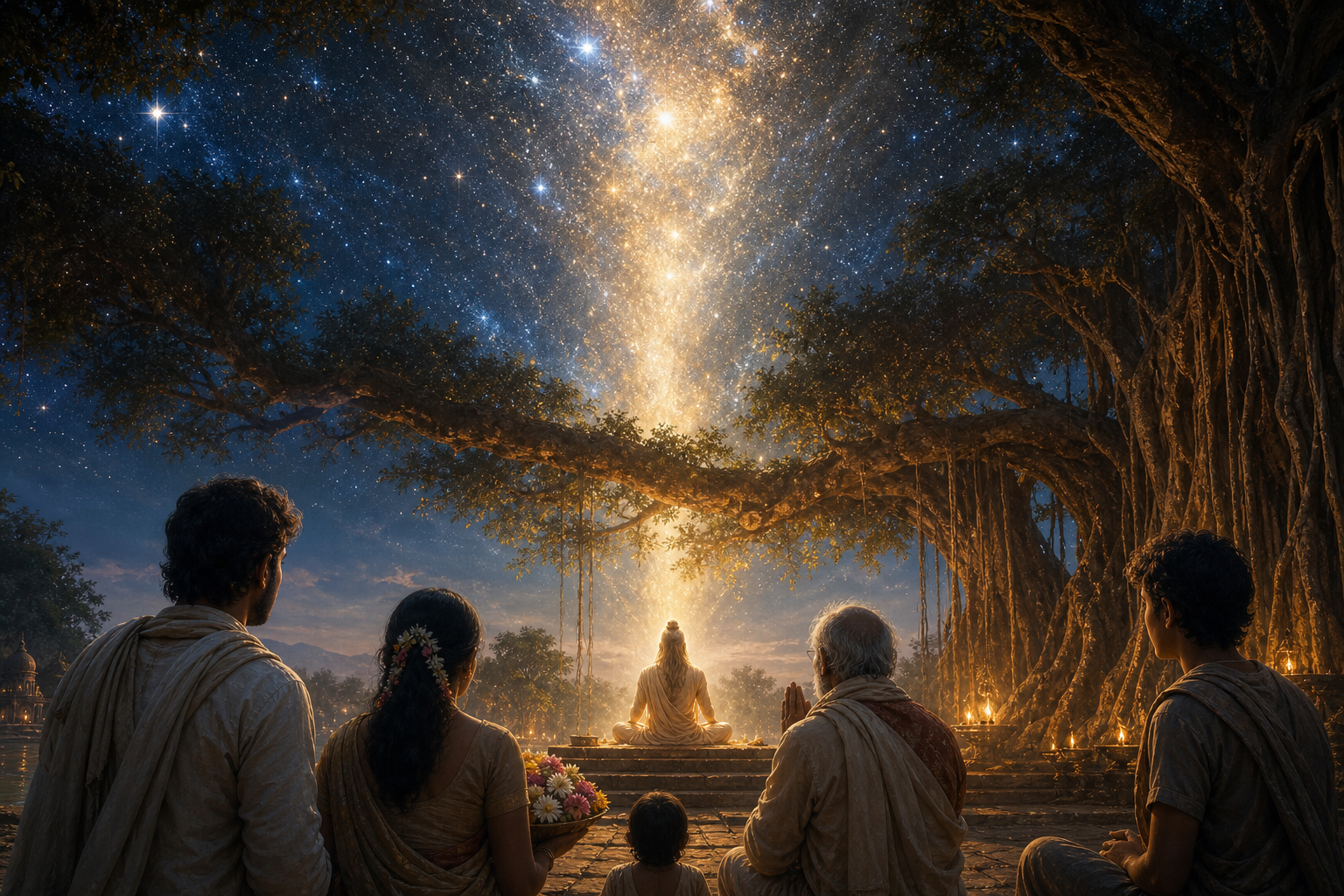 Cosmic light gathers into a gentle sacred figure beneath a banyan tree as several worshippers approach with flowers and folded hands.