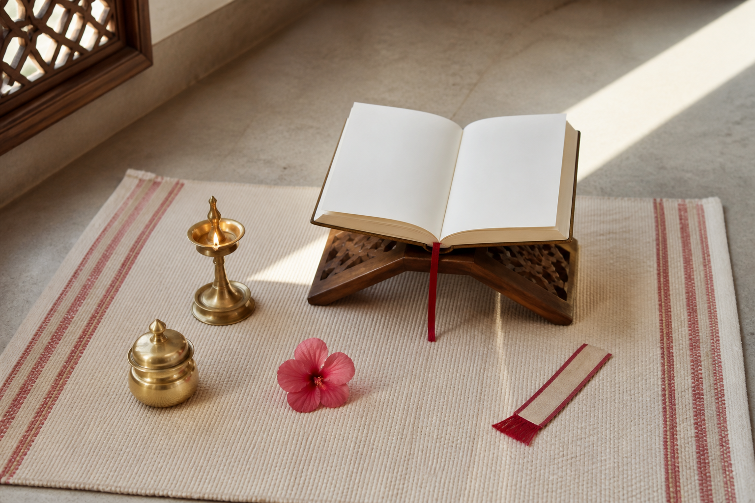 A clean woven mat and low reading stand are prepared with an open scripture, brass lamp, water vessel, and flowers.