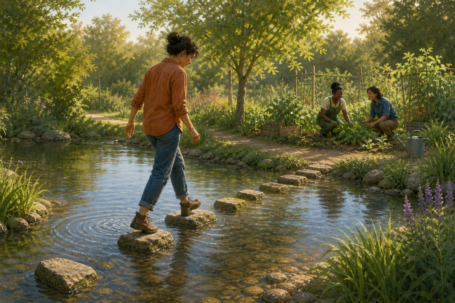 An adult crosses a shallow stream on small stepping stones toward two people working in a community garden.