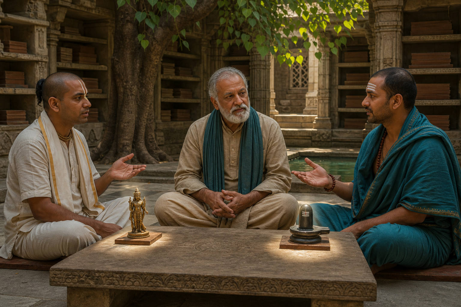 Three people hold a serious spiritual discussion in a temple courtyard with distinct sacred objects resting on a low table.