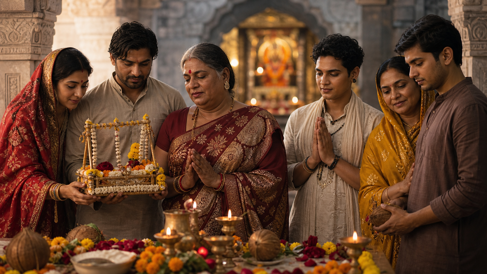 A couple, an older Hijra devotee, a younger gender-diverse devotee, and a family pray side by side near a softly lit shrine.