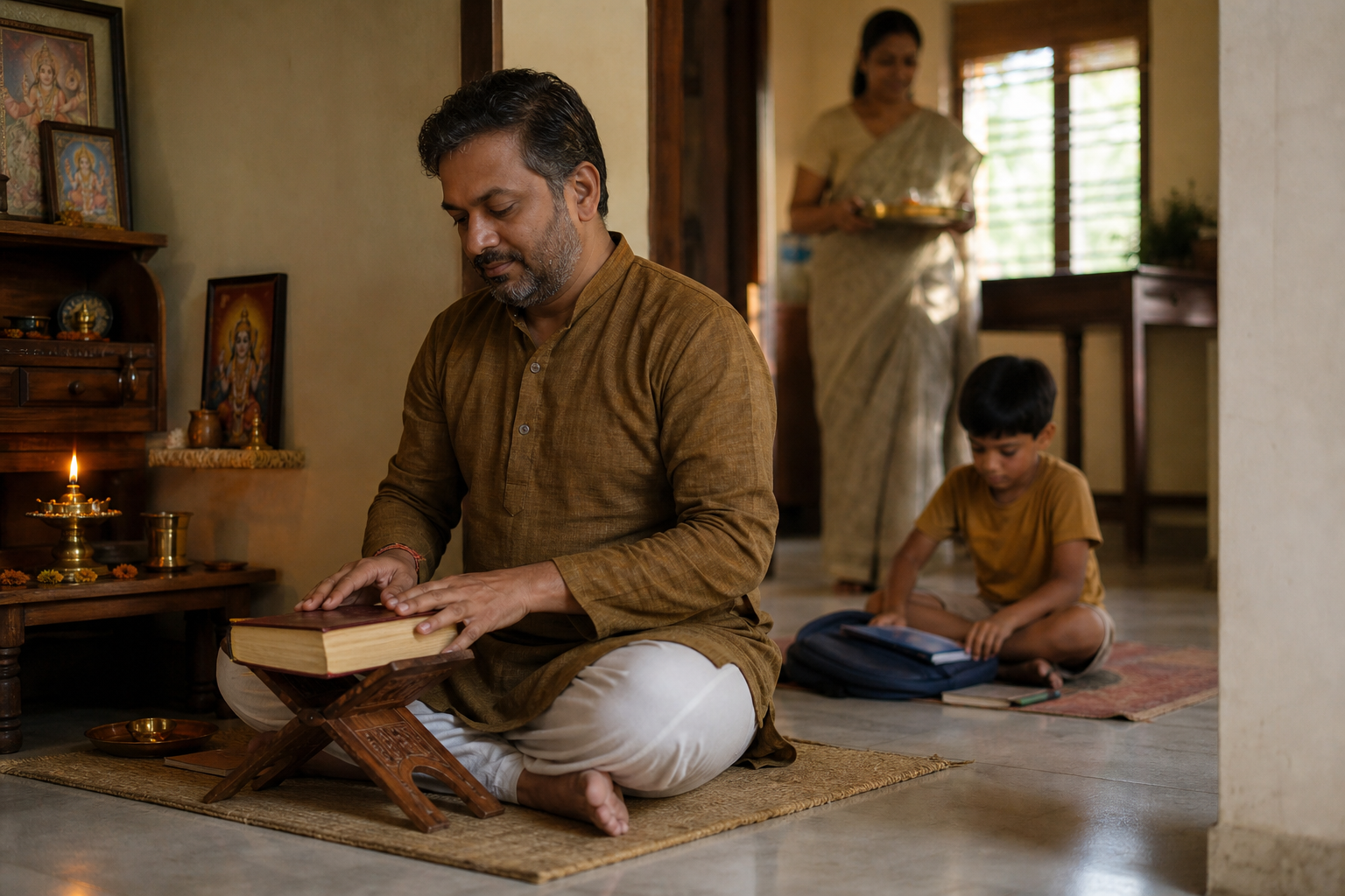 A devotee closes a scripture in a home prayer corner while family members quietly continue everyday activities in the background.