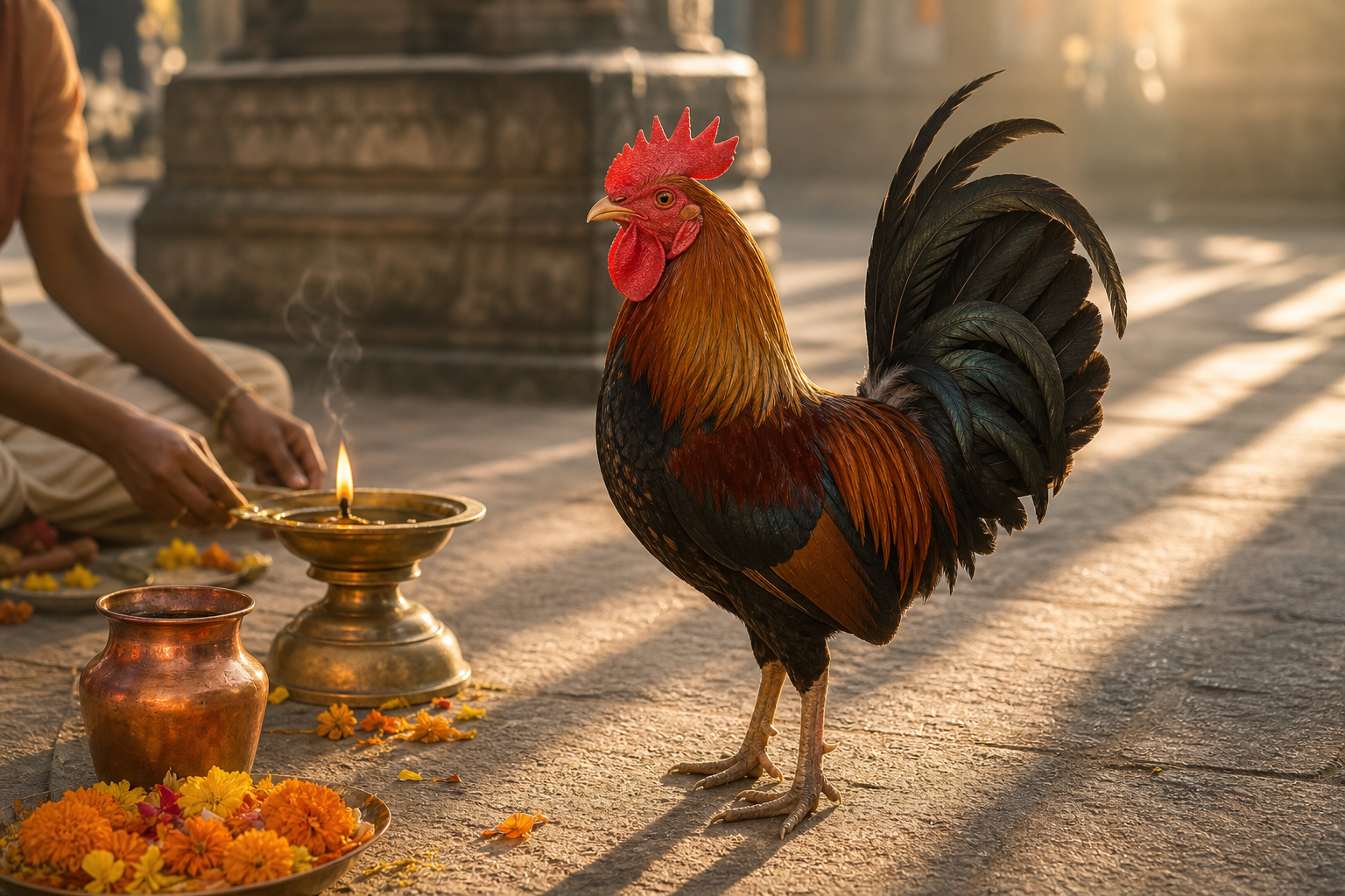 A rooster stands beside a brass oil lamp, marigold petals, and a copper vessel in a sunlit temple courtyard.
