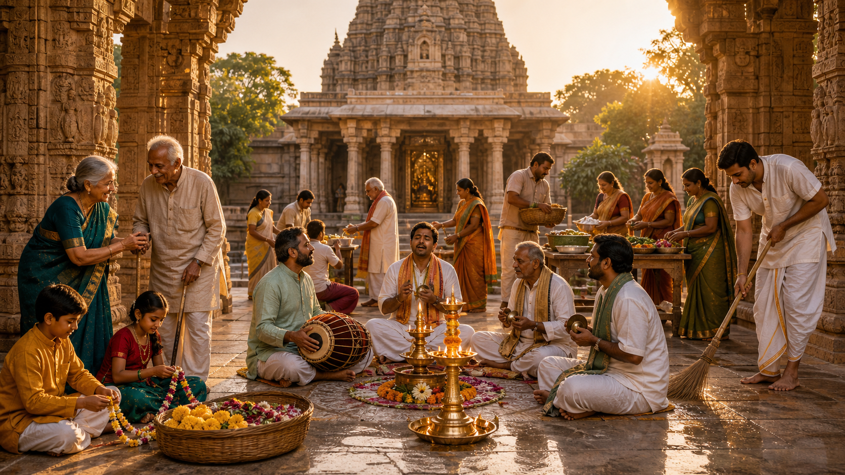 Hindu devotees sing in a temple courtyard while other community members prepare food baskets, make flower garlands, assist an elder, and clean the sacred space.