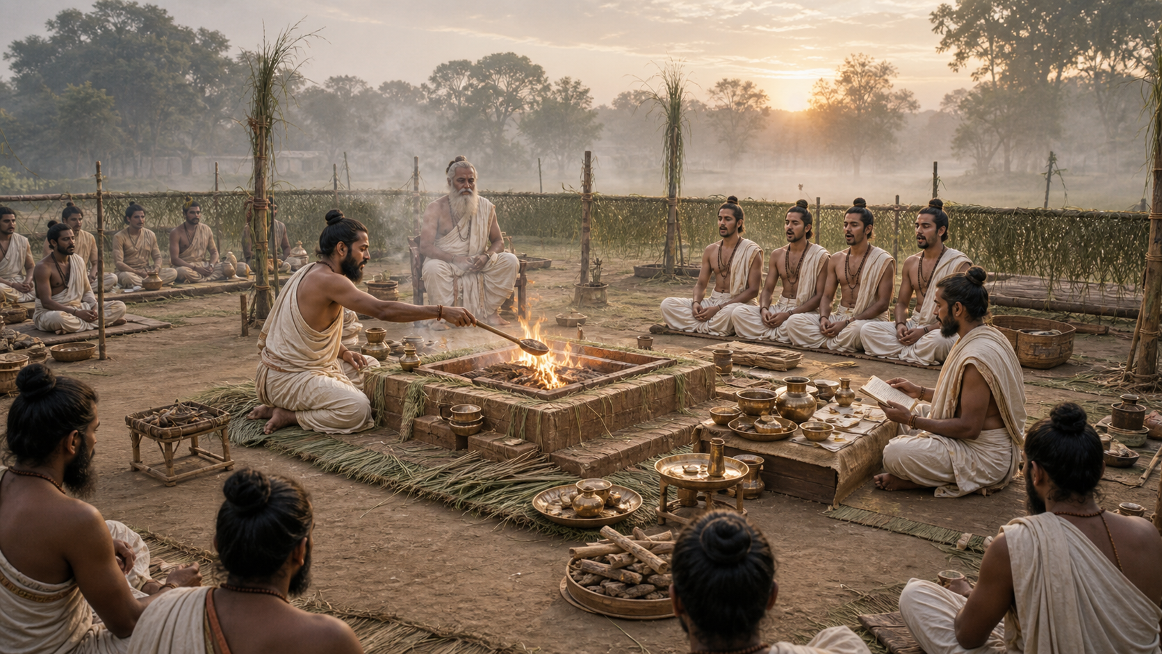 Several groups of ritual specialists coordinate offerings, recitation, song, and supervision around a fire altar in an open-air Vedic enclosure.