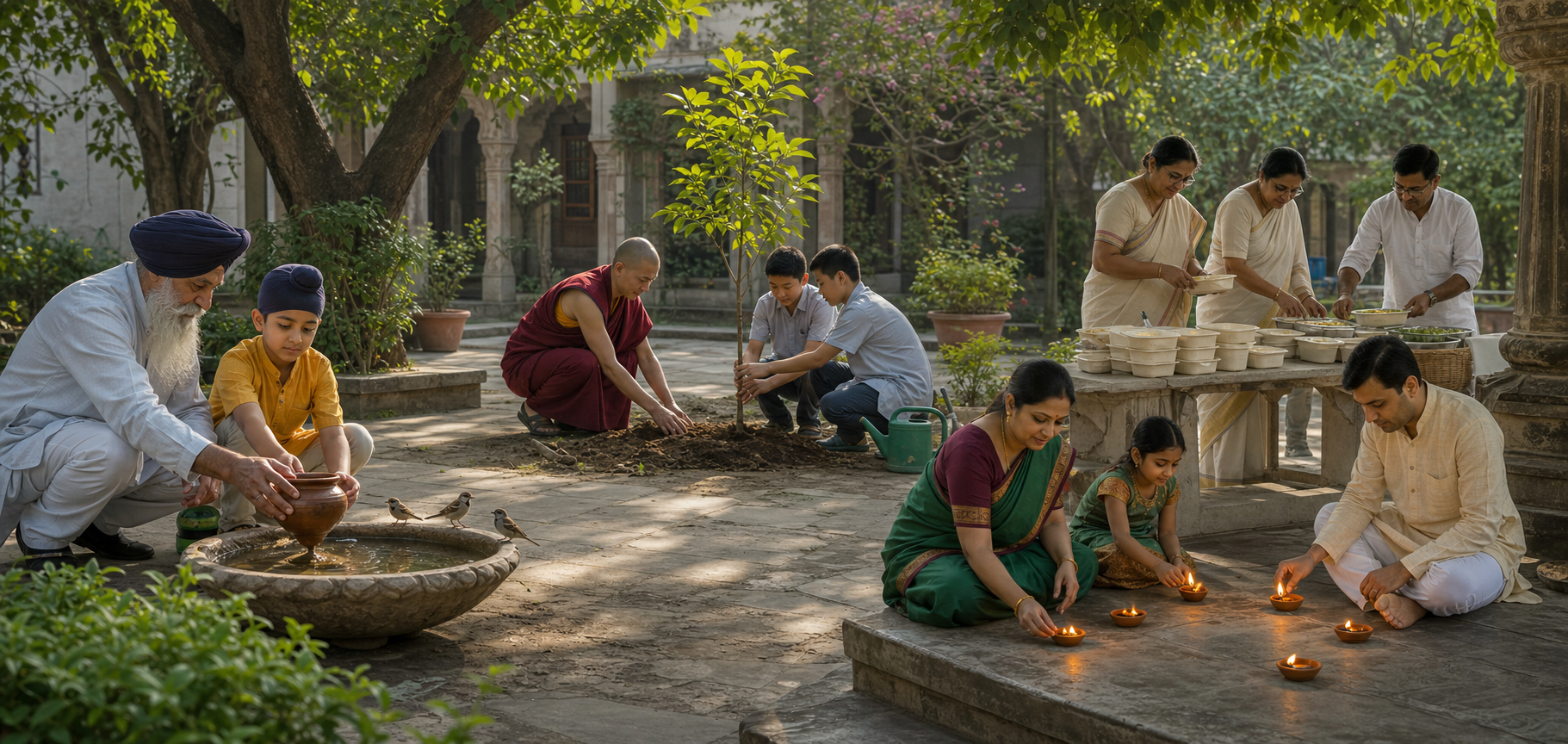 Sikh, Buddhist, Jain, and Hindu participants carry out distinct acts of care and service together in a garden courtyard.