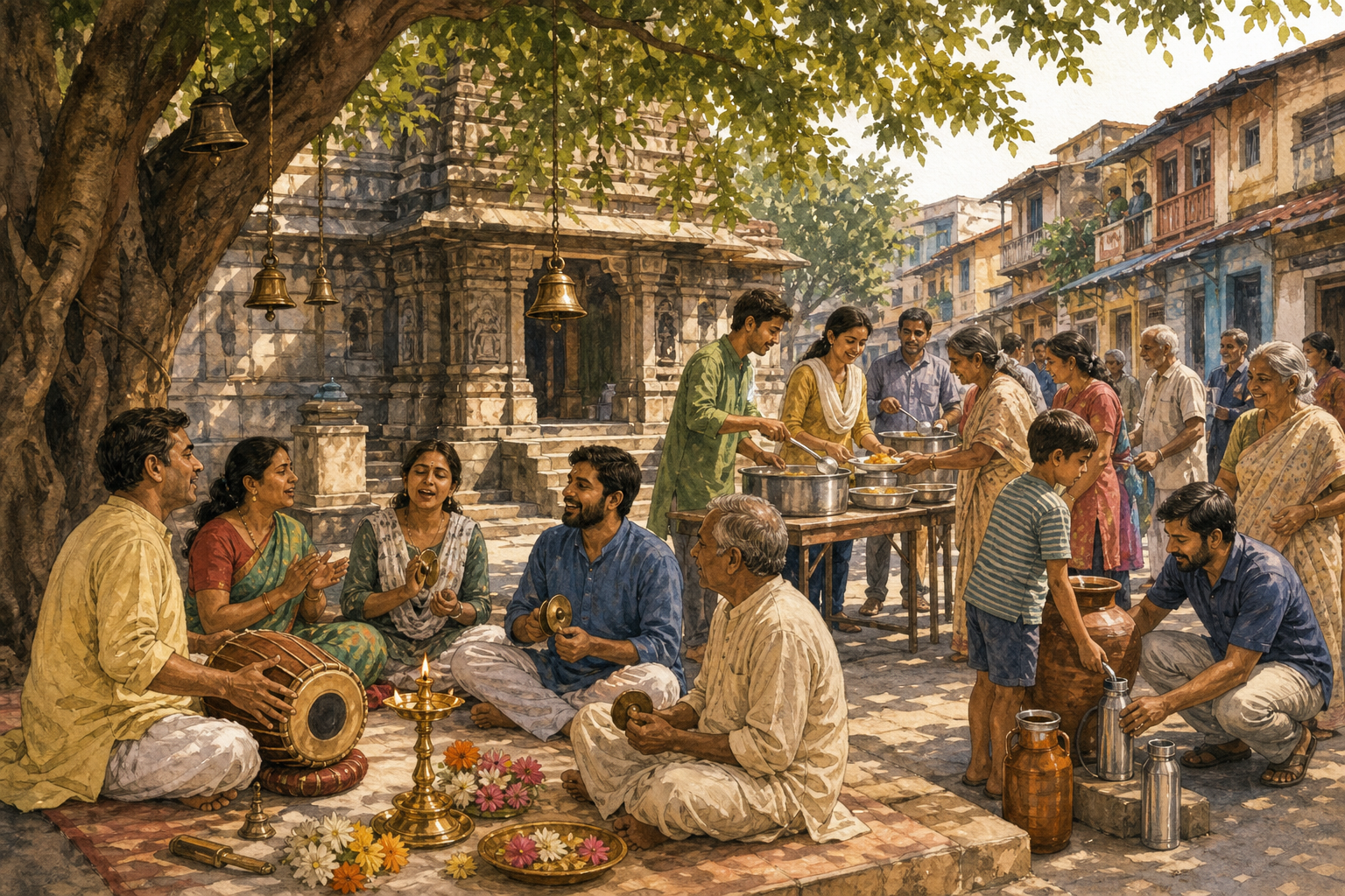 Devotees hold a neighborhood kirtan beside a temple as volunteers serve meals and water to local families and older residents.