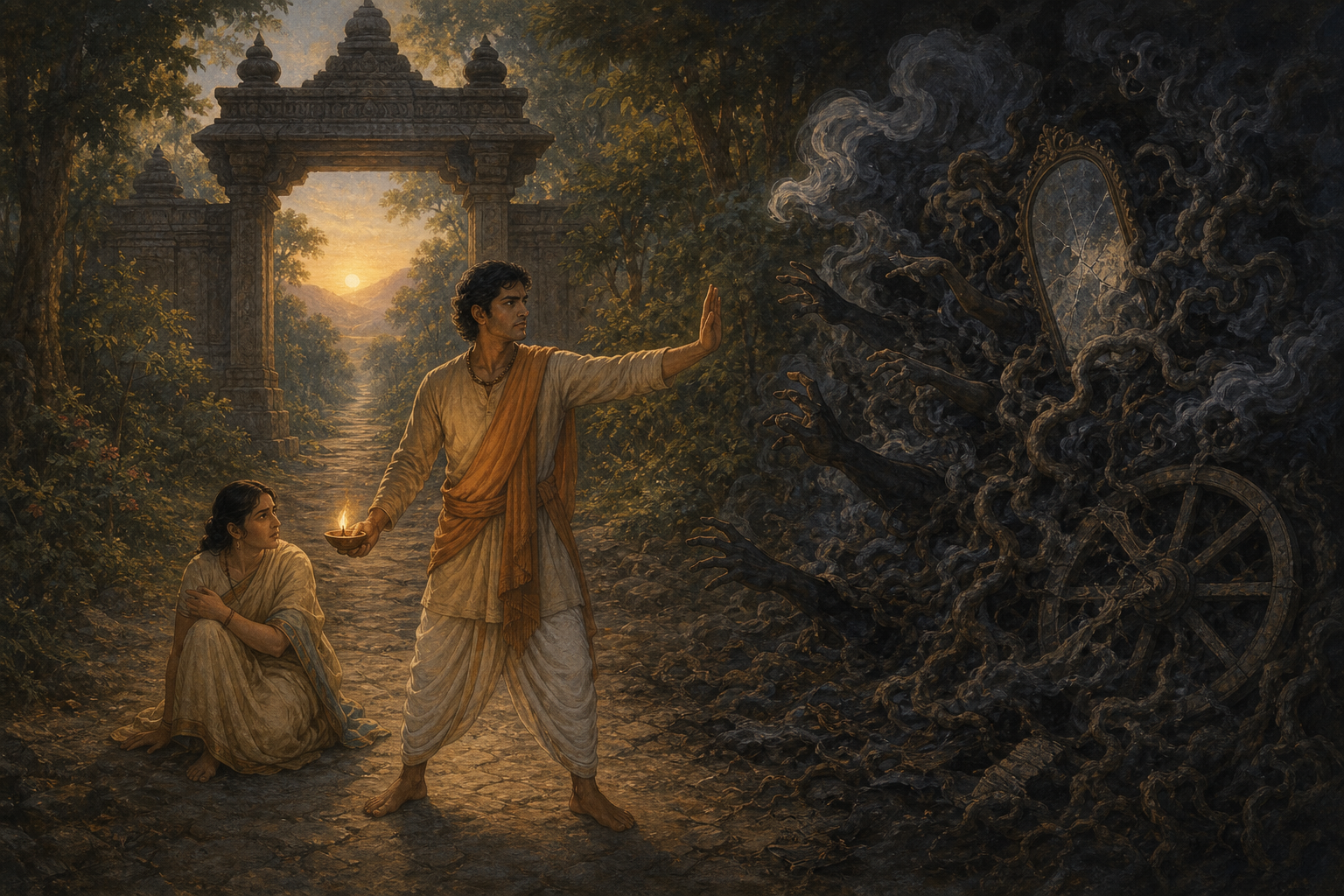 A person holding an oil lamp protects another figure from a layered human-shaped shadow as a path leads toward a golden dawn.