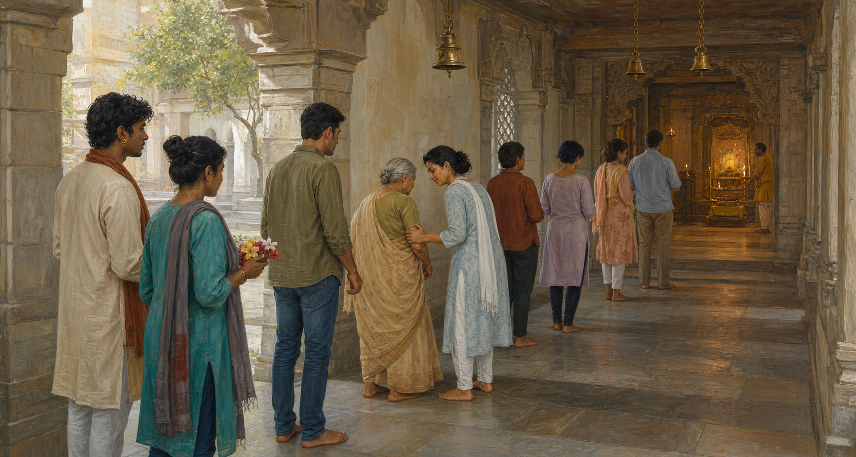 A calm line of diverse pilgrims approaches a softly lit sanctum while one devotee helps an elderly visitor.