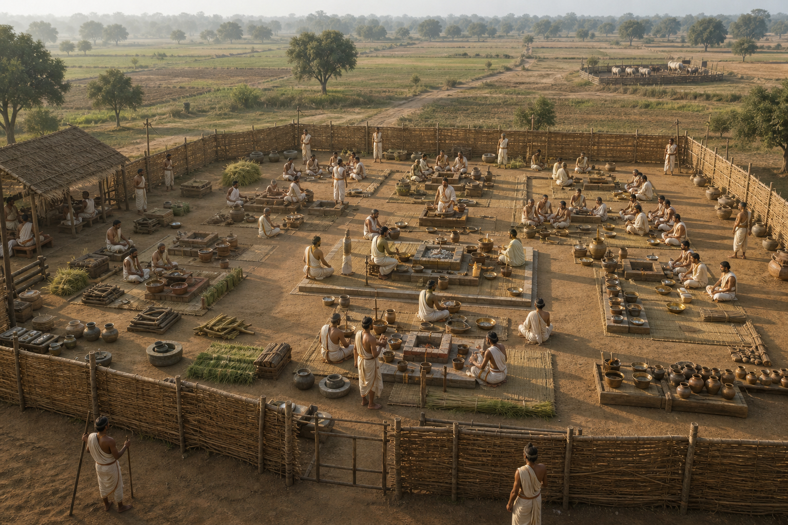 An elevated view shows participants, hearths, ritual vessels, grass bundles, and work areas arranged within a large Vedic sacrificial enclosure.
