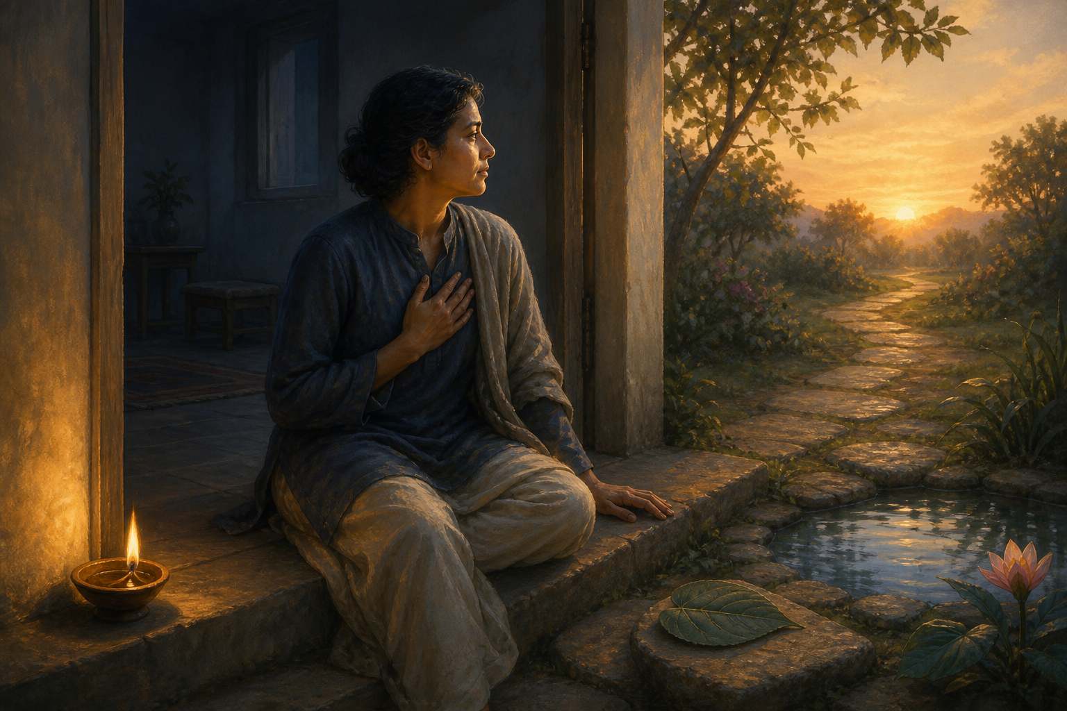 An adult sits at an open doorway between a dim interior and a sunlit garden path, with a small lamp, a leaf, clear water, and an opening flower nearby.