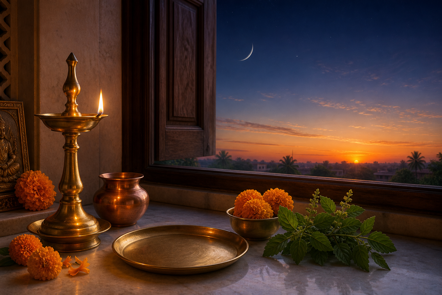 A brass oil lamp, copper vessel, flowers, and tulsi leaves at a home altar beside a window where a waning moon hangs above the first light of dawn.