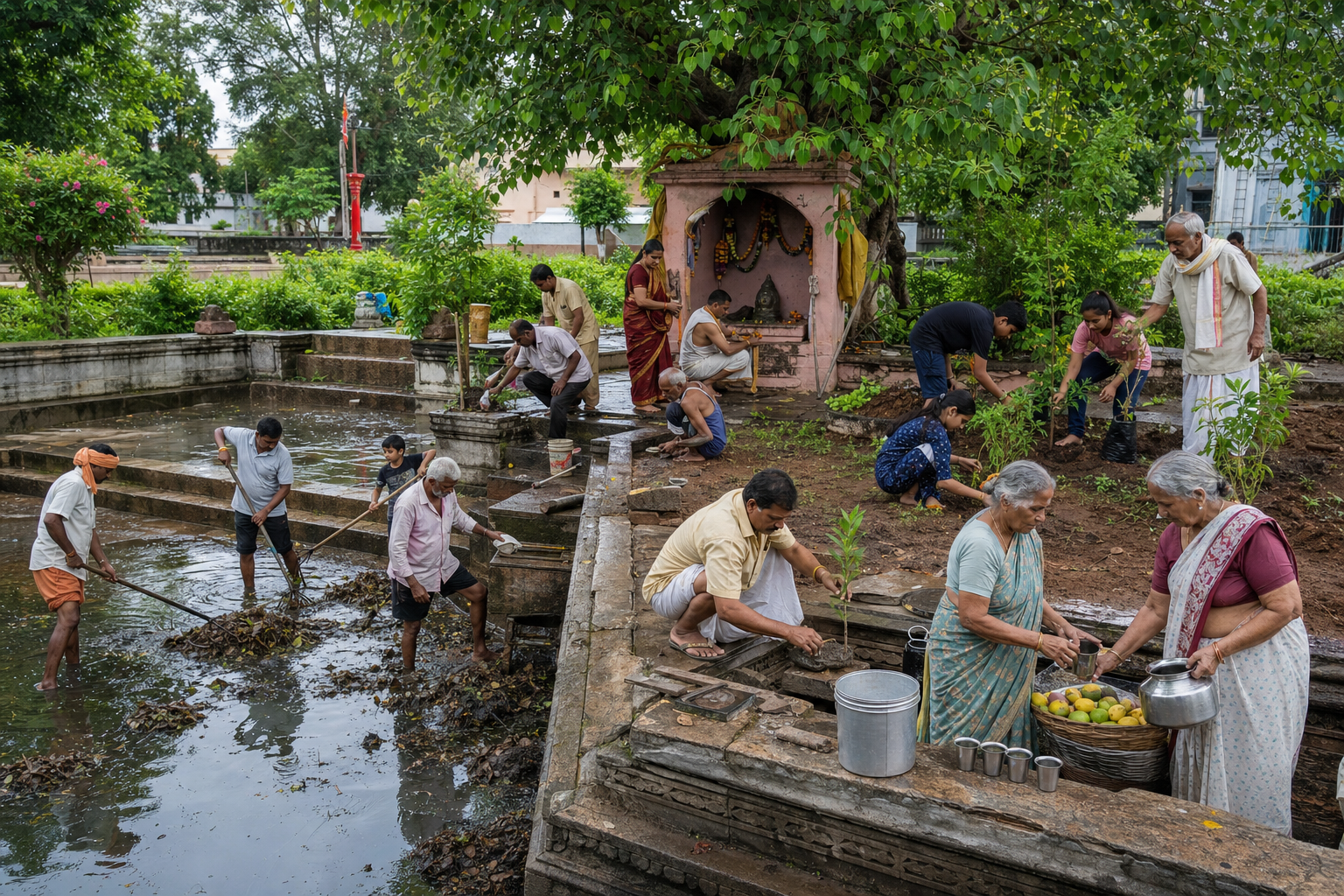 Hindu volunteers of different ages repair a temple water tank, clear debris, plant saplings, and provide refreshments together.