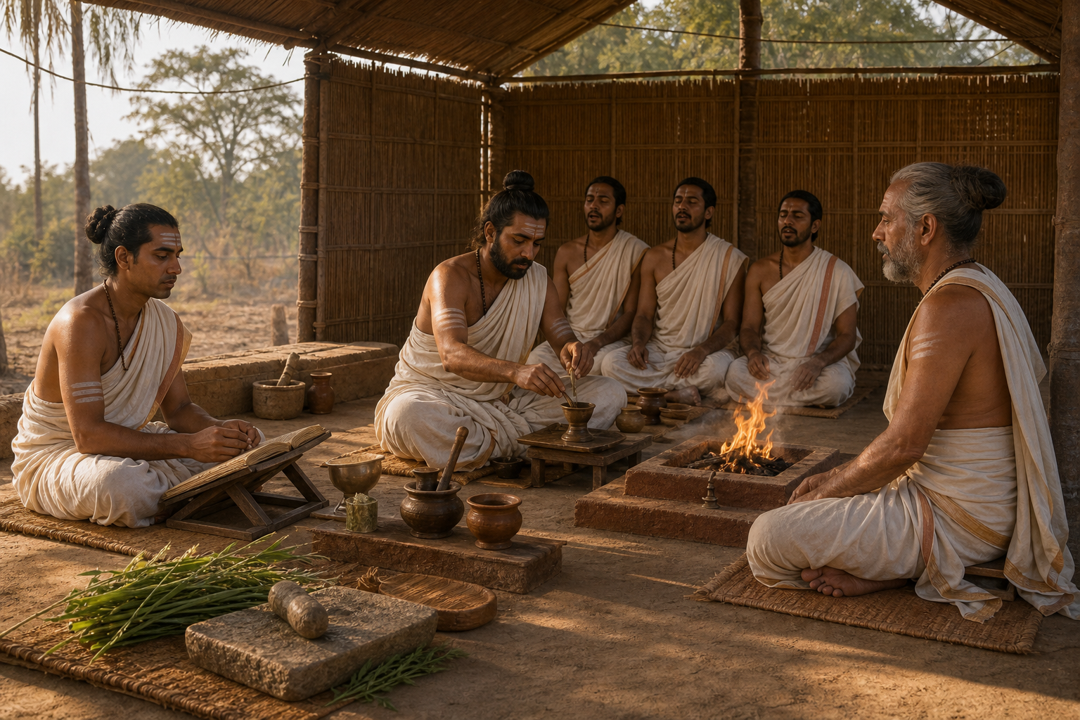 Ritual specialists recite, prepare offerings, sing together, and supervise from separate coordinated stations beside a Vedic fire altar.
