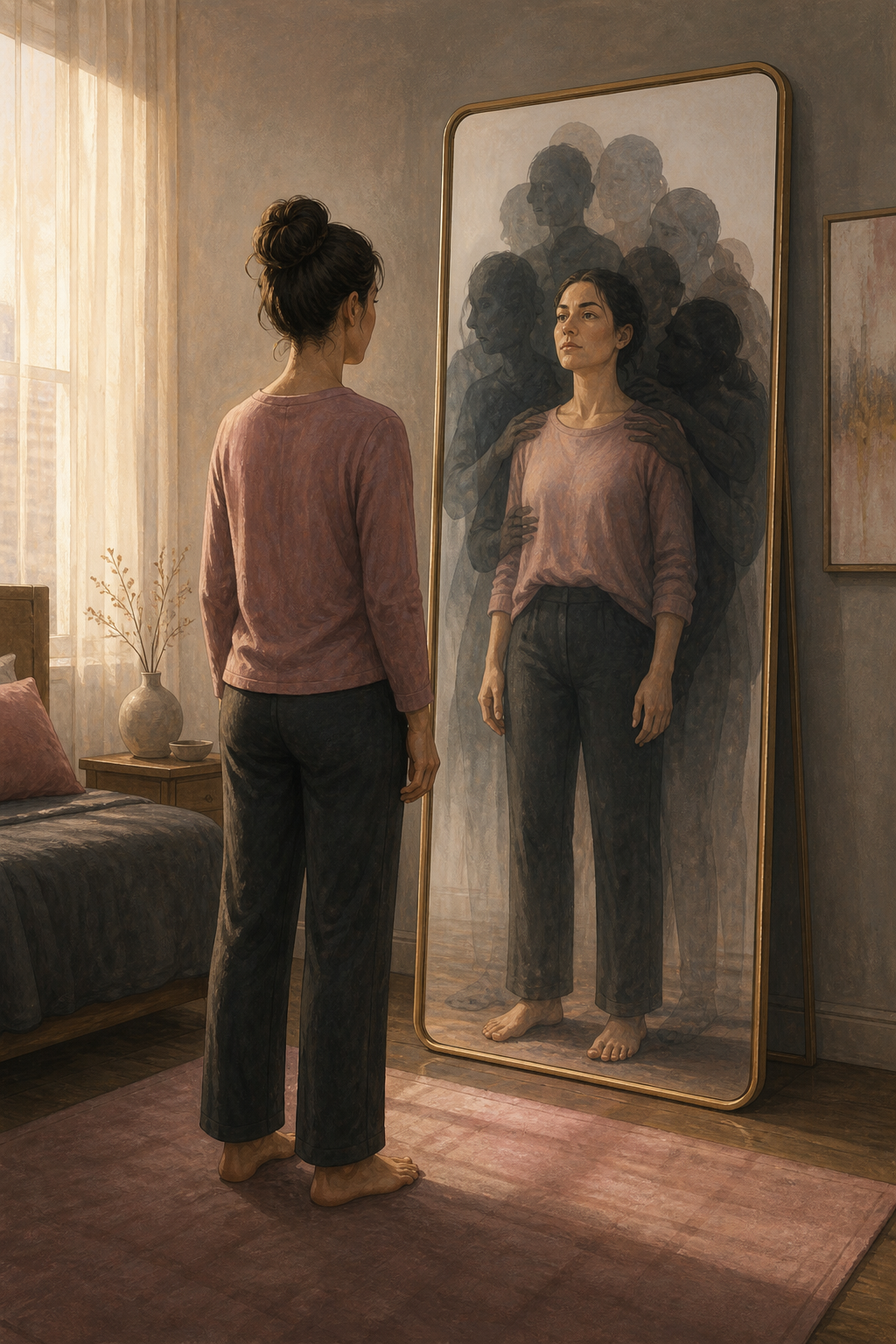 An adult stands before a full-length mirror while translucent shadows crowd the reflected figure, although the person outside the mirror remains upright and complete.