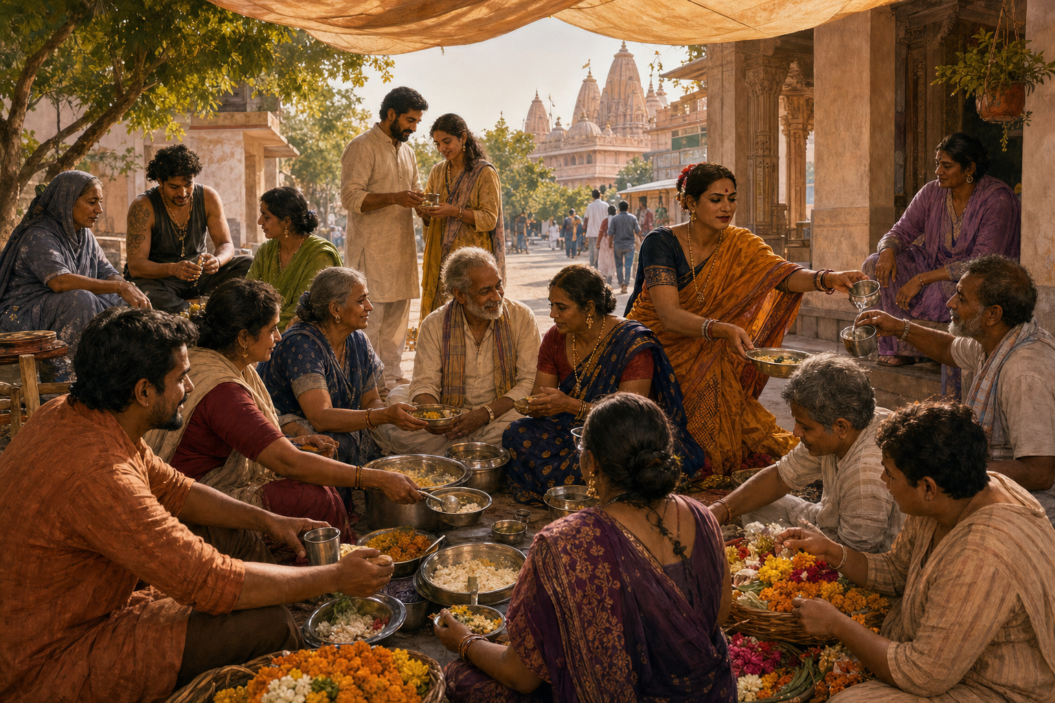 A diverse group of devotees serves food and water together in a shaded courtyard after visiting the temple.
