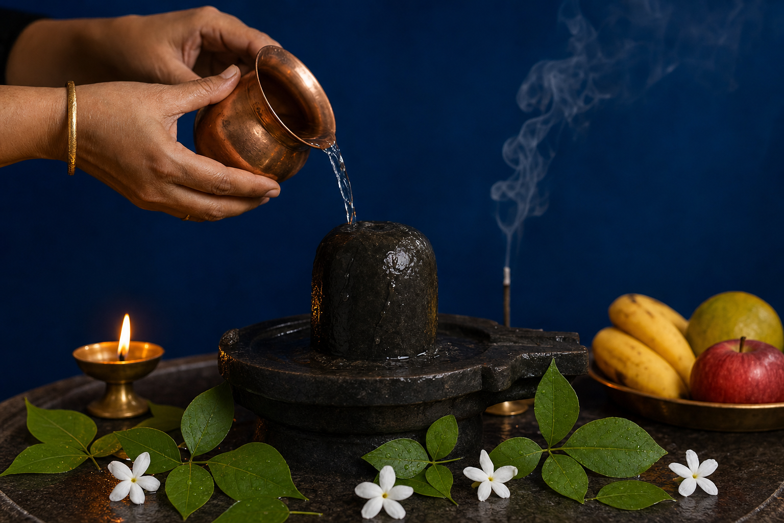 A worshipper pours water over a Shiva lingam beside bilva leaves, white flowers, incense, fruit, and a lit oil lamp.