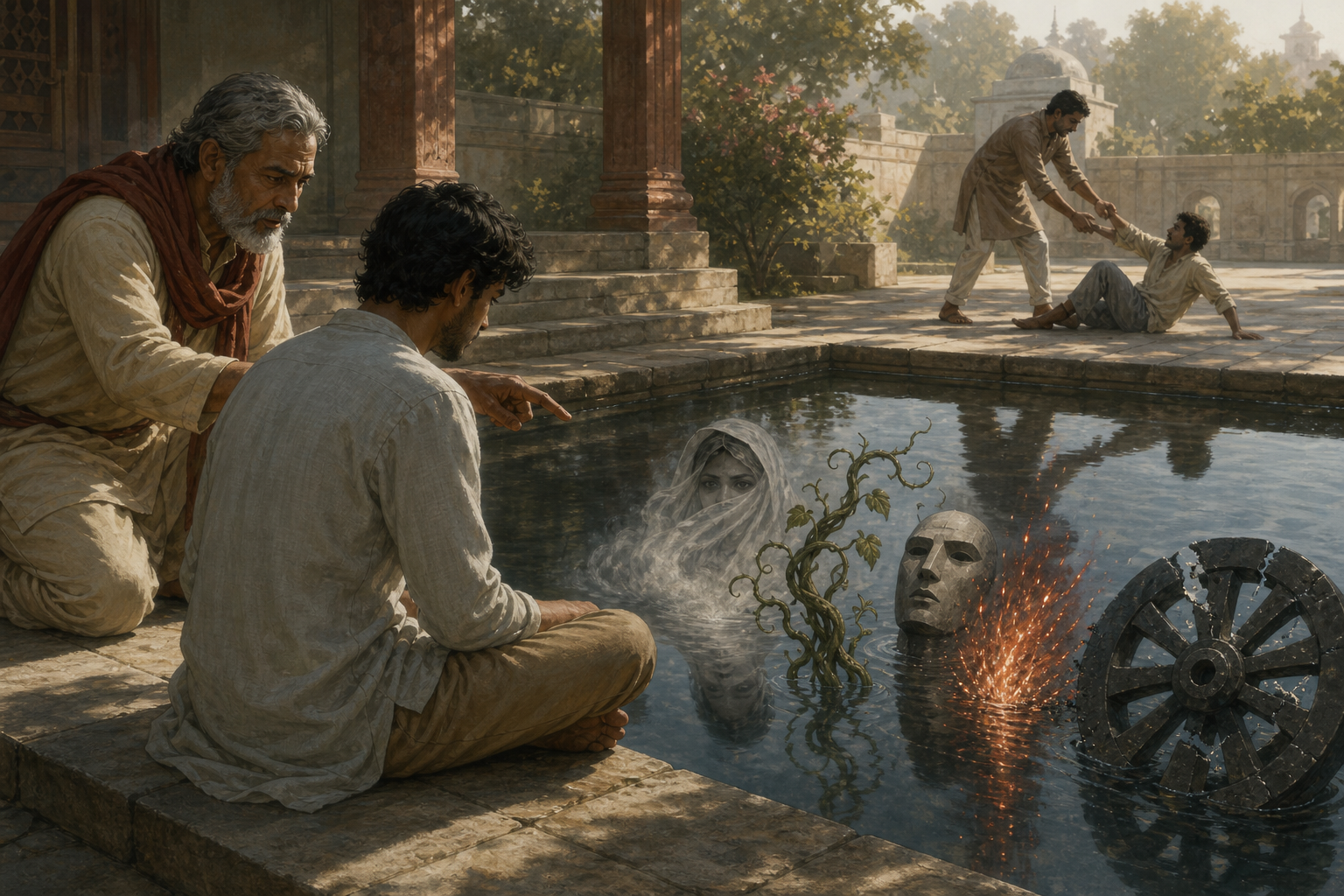 A seated person studies a reflecting pool from which mist, vines, sparks, a mask and a cracked wheel emerge while nearby figures help an injured person.