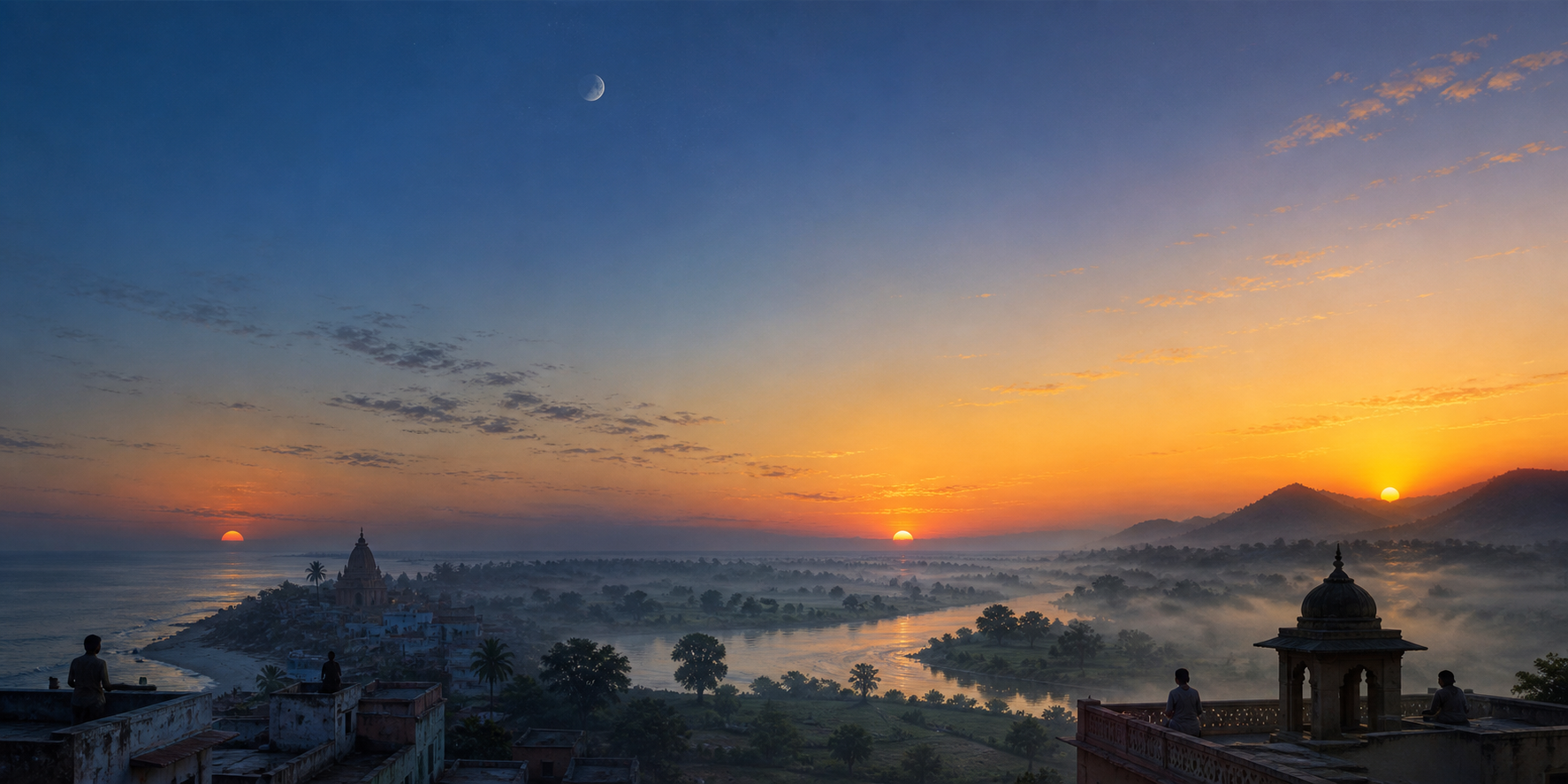 A panoramic predawn view links a coast, river plain, and hill town beneath subtly different horizons, with temples and homes silhouetted against the coming sunrise.