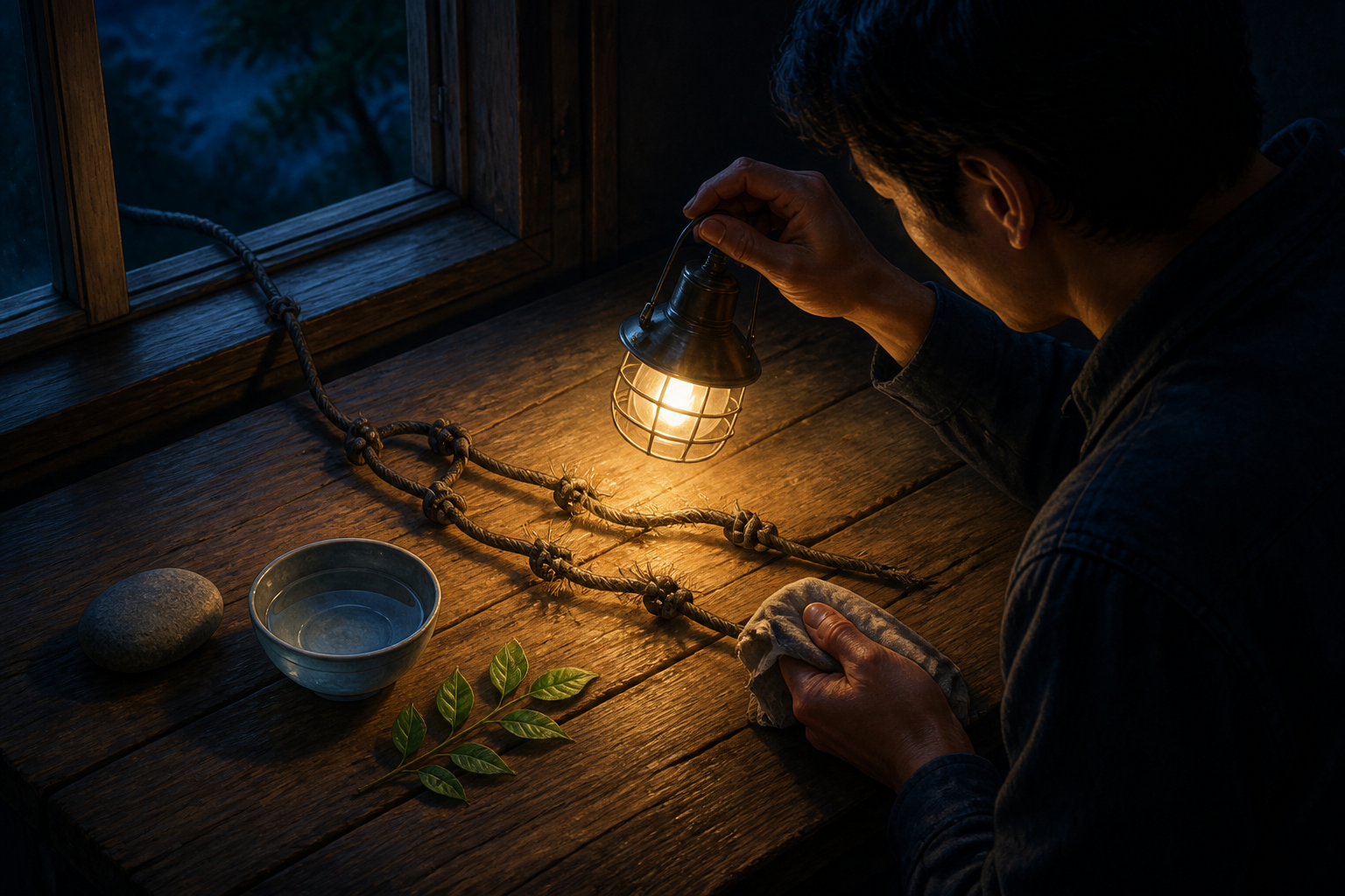 An adult shines a small lamp on a tangled, frayed cord beside a stone, a bowl of water, and a green sprig on a wooden table.