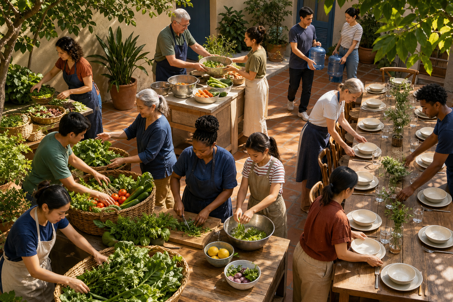 An intergenerational community coordinates food preparation, supplies, water, and table setting in a shared courtyard.