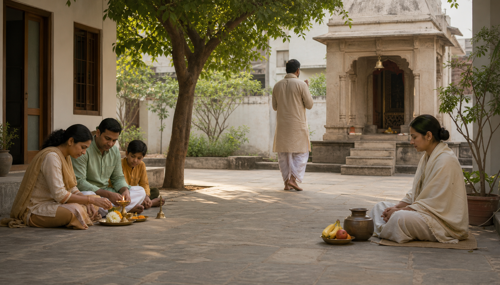 A courtyard scene shows a family preparing a home puja, a devotee approaching a small temple, and a seated person observing a simple vrata.
