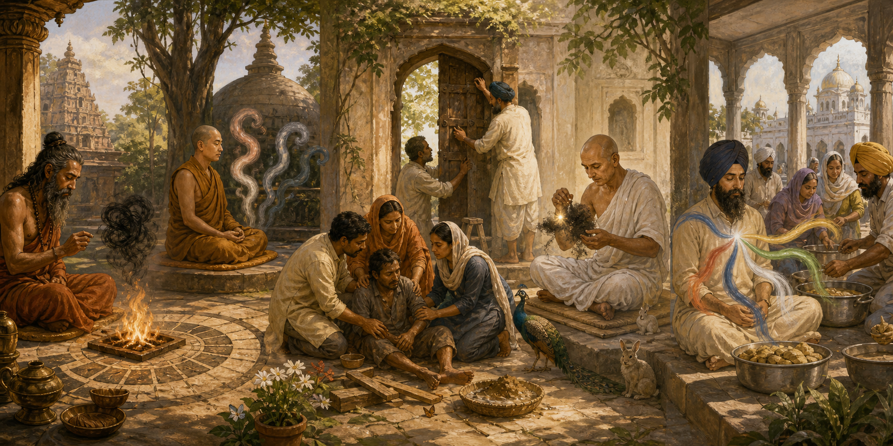 Four connected scenes show Hindu, Buddhist, Jain and Sikh practitioners confronting symbolic forms of ignorance, craving, karmic matter and destructive passions around a shared courtyard.