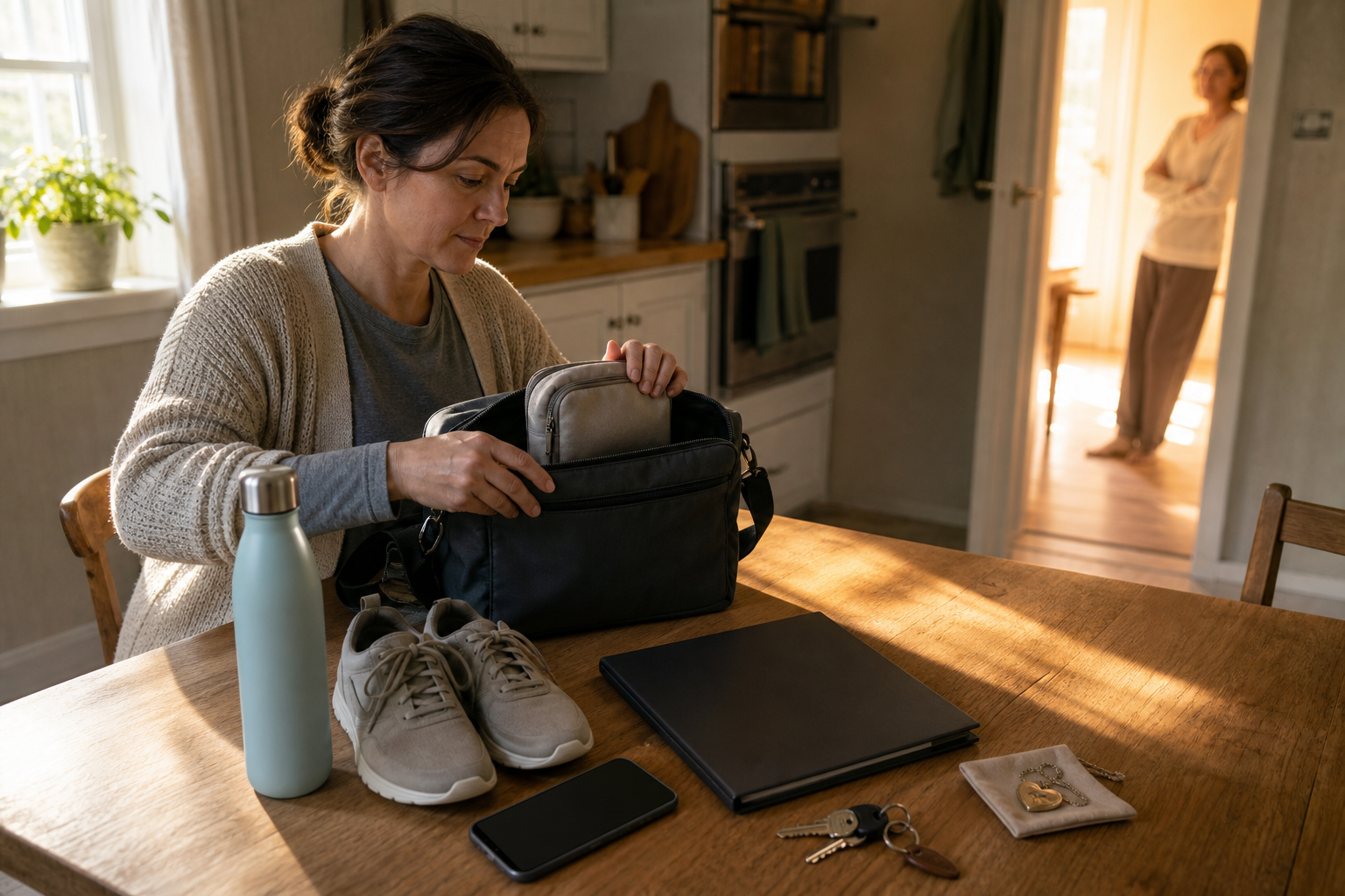 An adult prepares a small bag with keys, a phone, a closed folder, medicine, water, shoes, and a keepsake while a supportive person waits in a doorway.