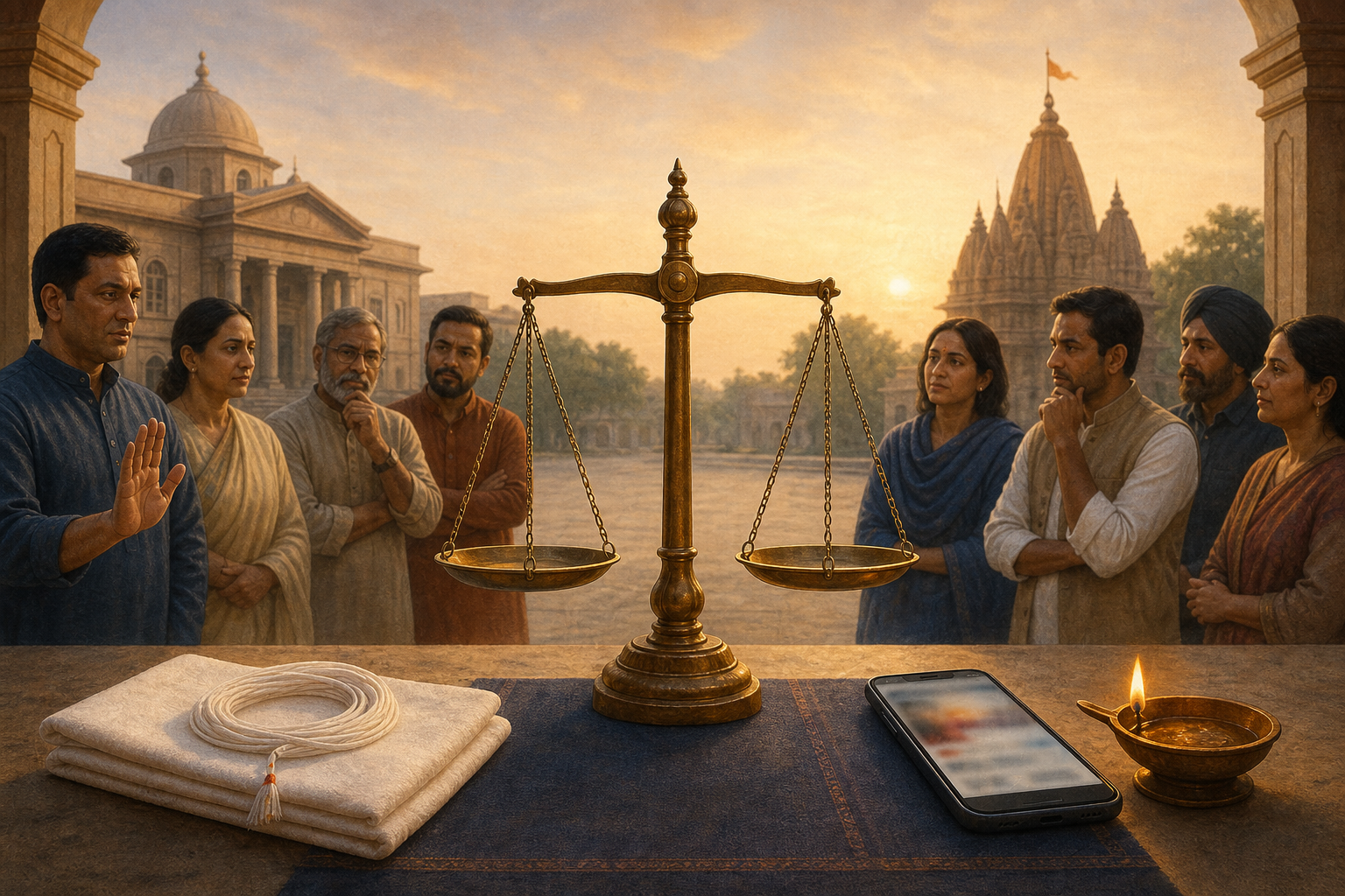 A balanced brass scale stands beside a white sacred thread, an unbranded smartphone, and a lit oil lamp as a calm group gathers in a sandstone courtyard.
