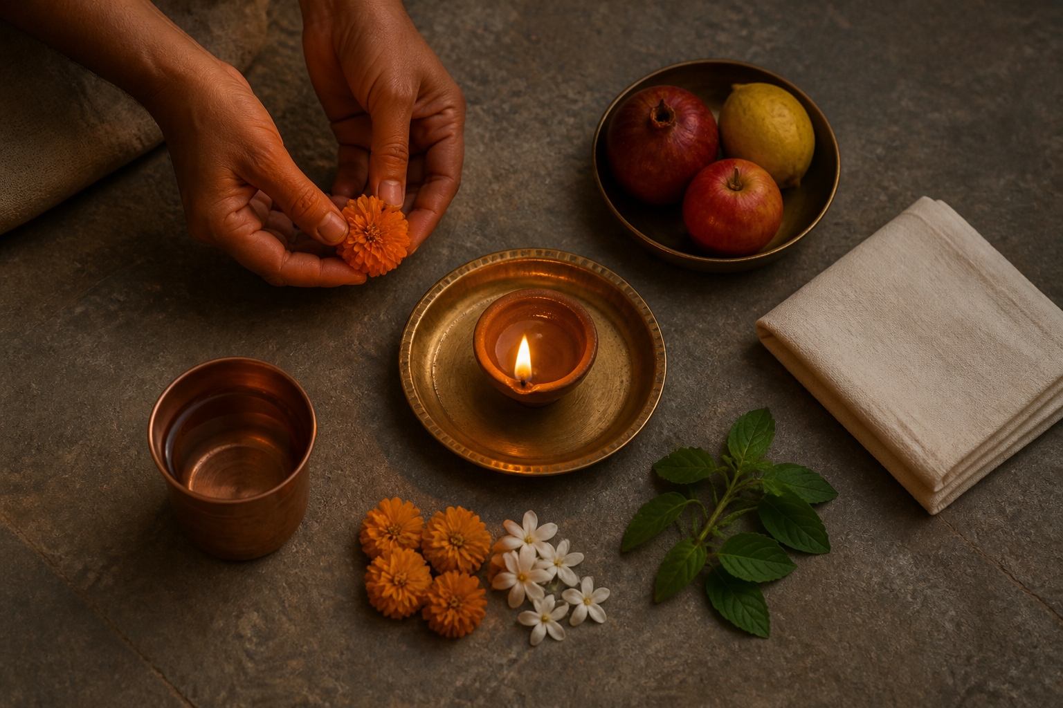Hands place a flower beside a lit clay lamp, copper cup, tulsi leaves, blossoms, fruit, and folded cotton cloth arranged for a simple home observance.