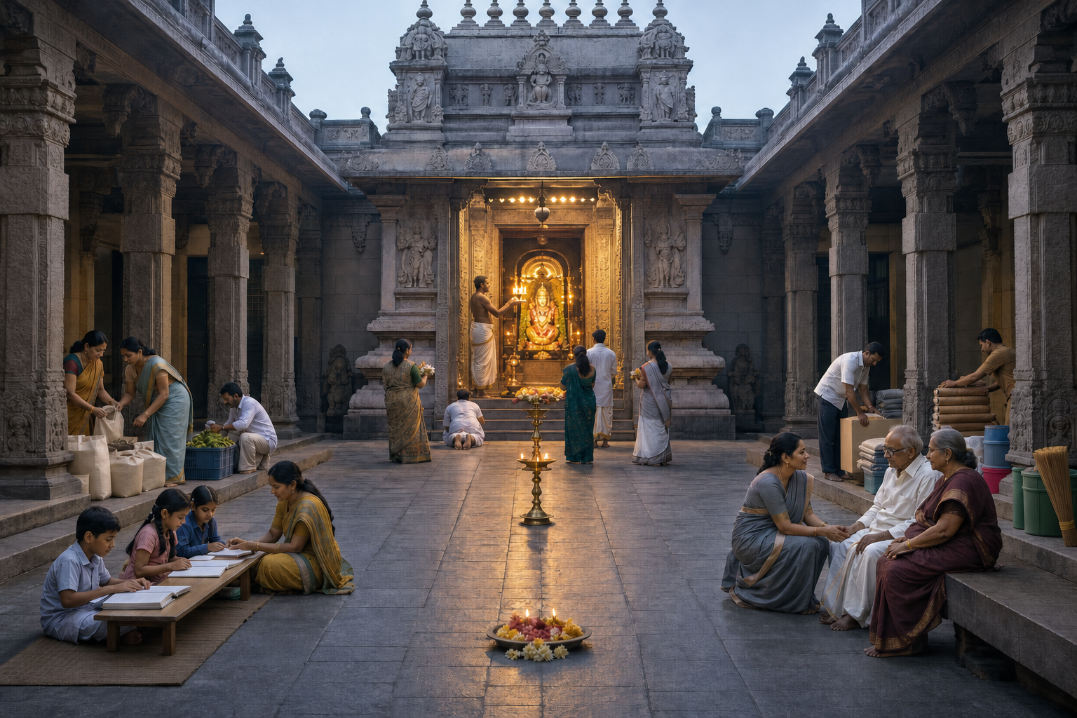 Worshippers approach a temple sanctum while volunteers along the courtyard organize groceries, tutor children, and assist older visitors.